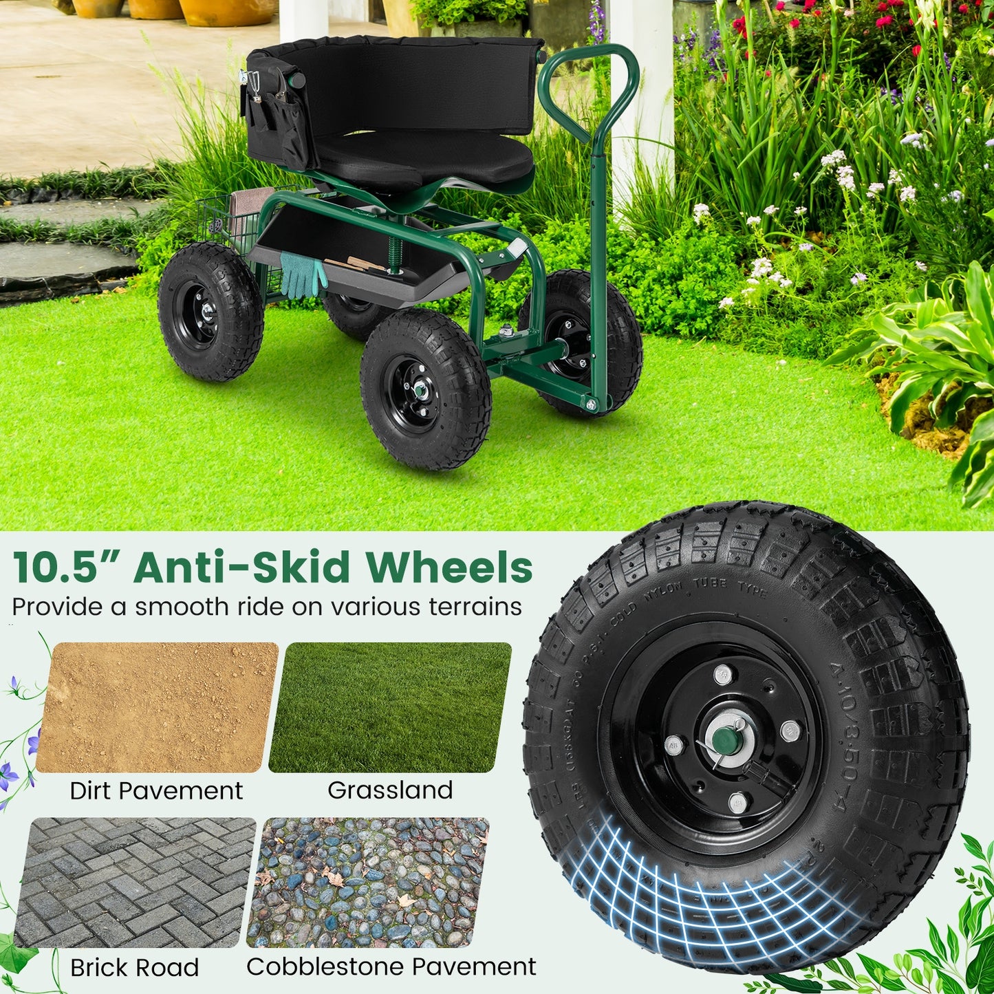 Cushioned Rolling Garden Cart Scooter with Storage Basket and Tool Pouch-Green