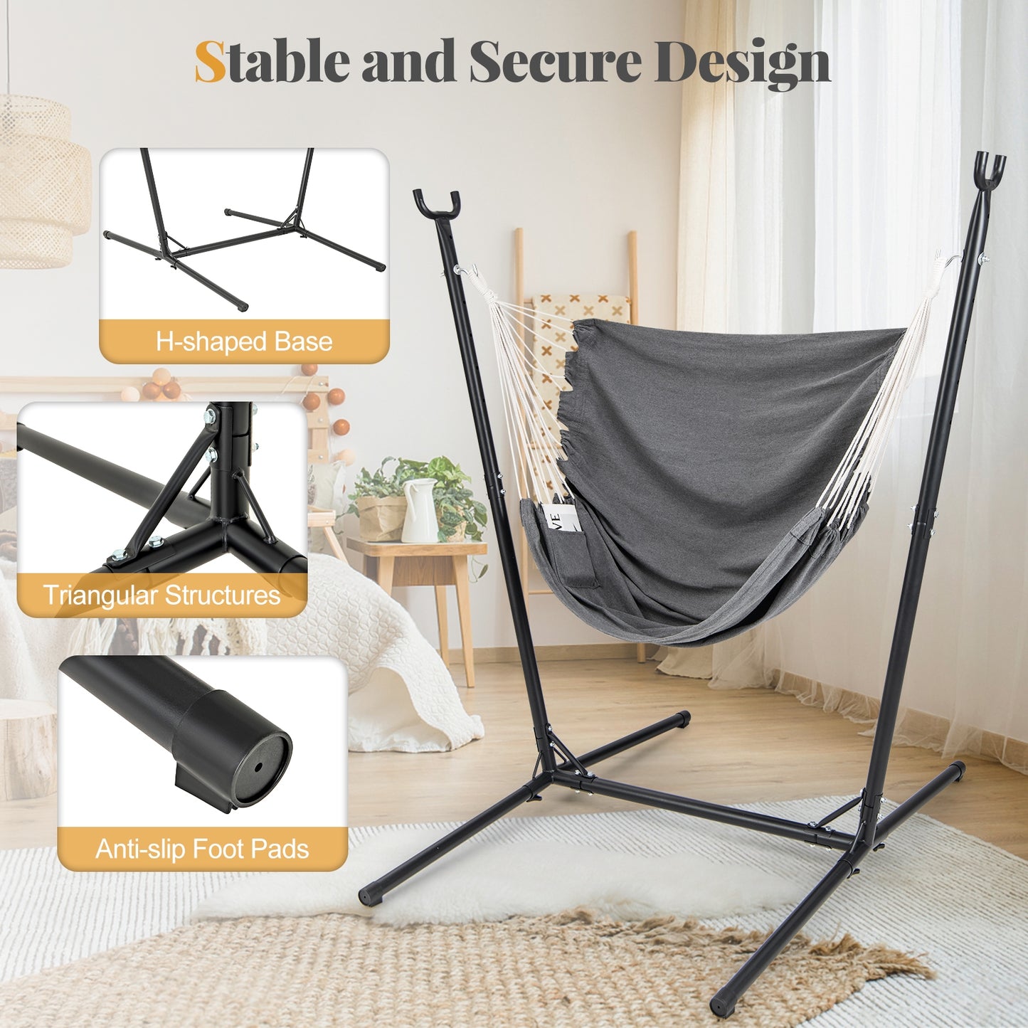 Hammock Chair with Stand 6-Position Adjustable Height and Side Pocket-Gray