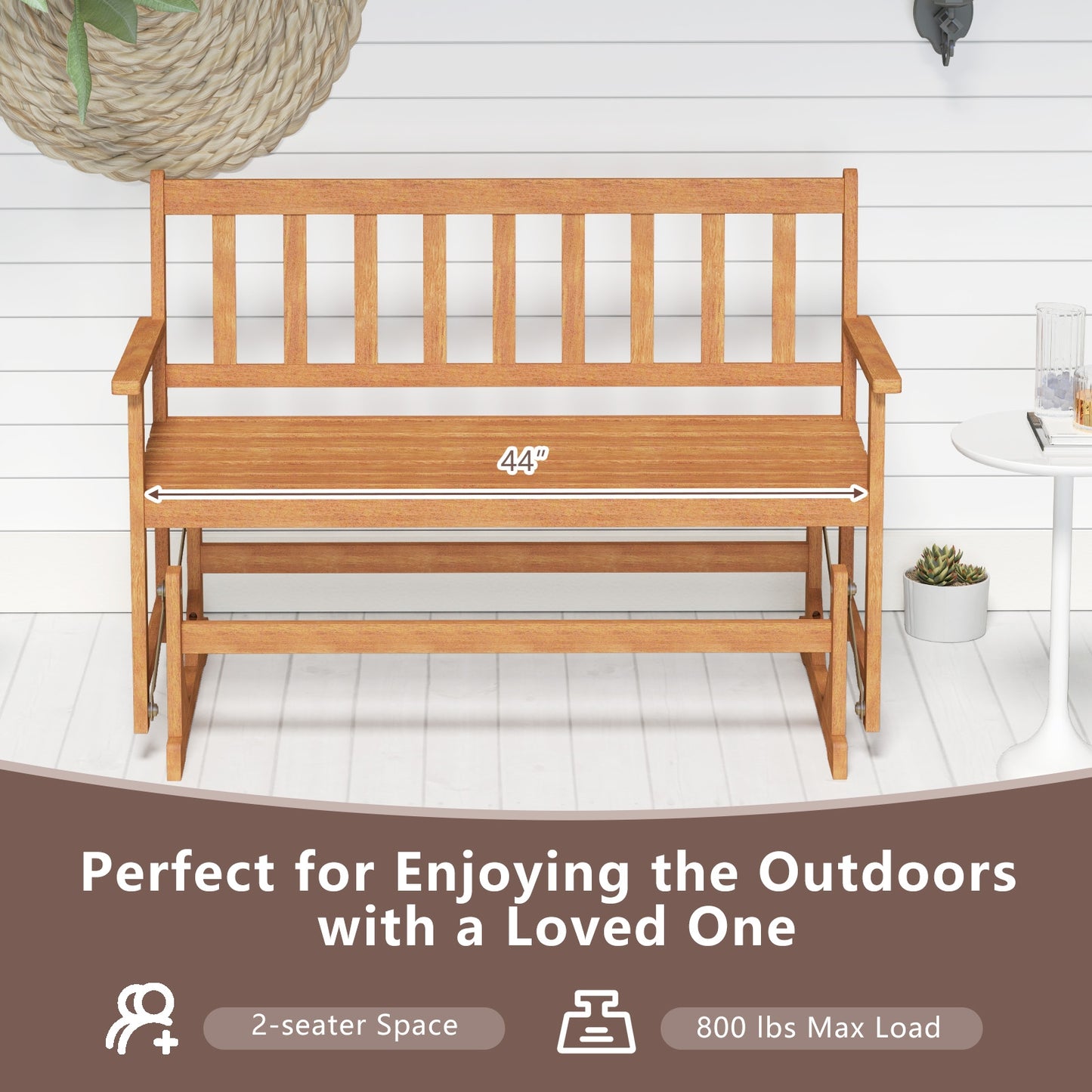 2-Person Outdoor Acacia Wood Glider Bench Patio Swing Rocking Loveseat