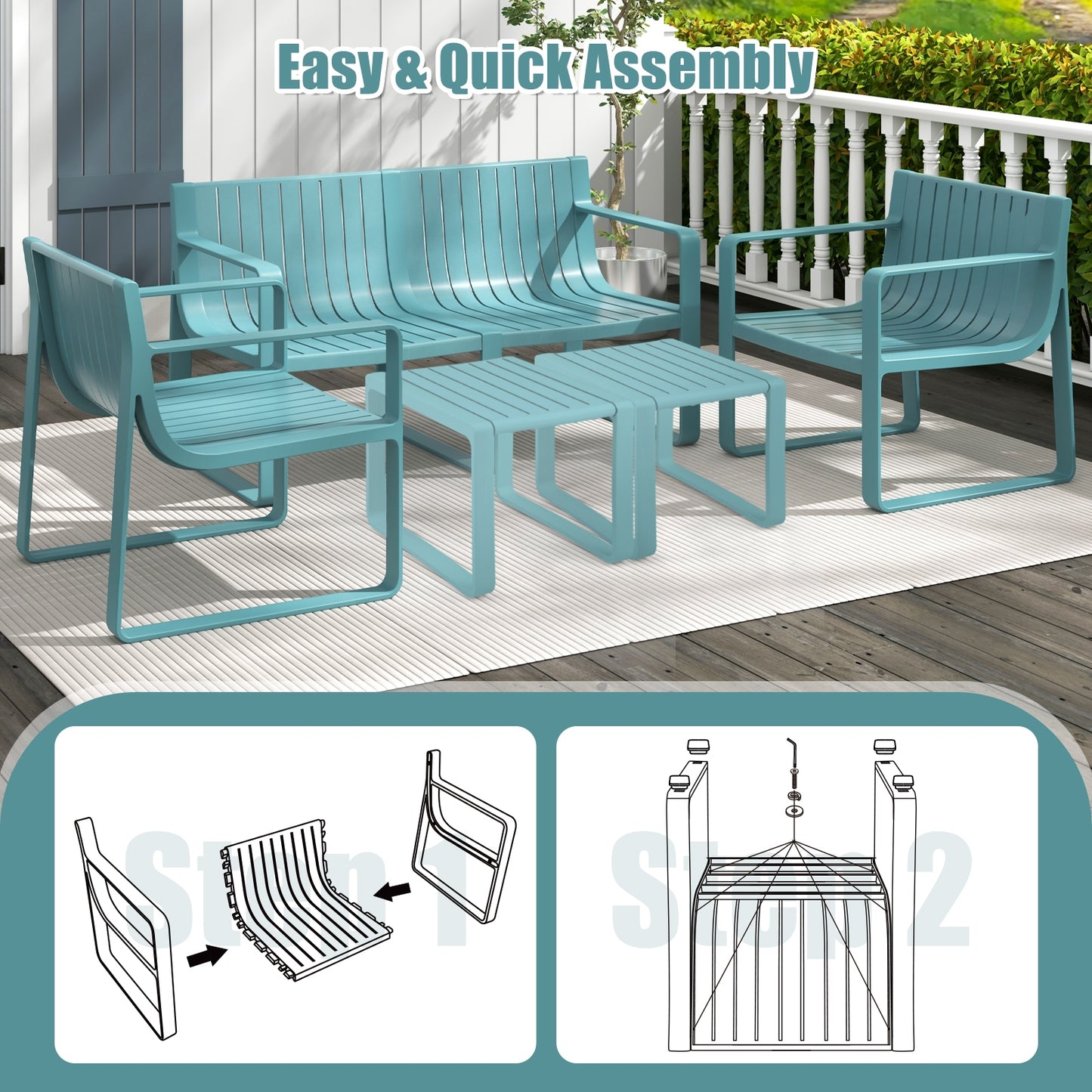 Patio Chairs Set of 2 with Curved Backrests and Seats-Blue