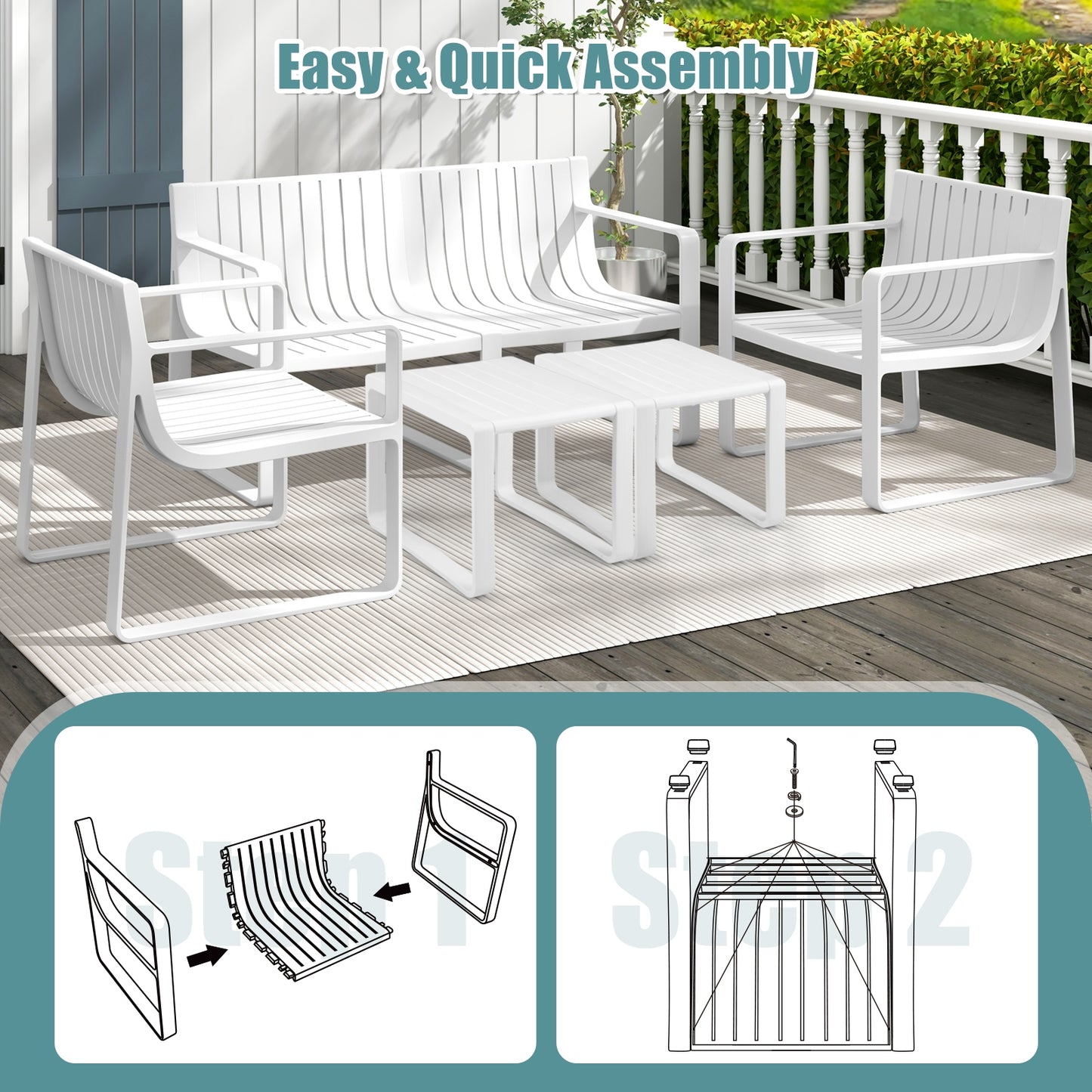 Patio Chairs Set of 2 with Curved Backrests and Seats-White