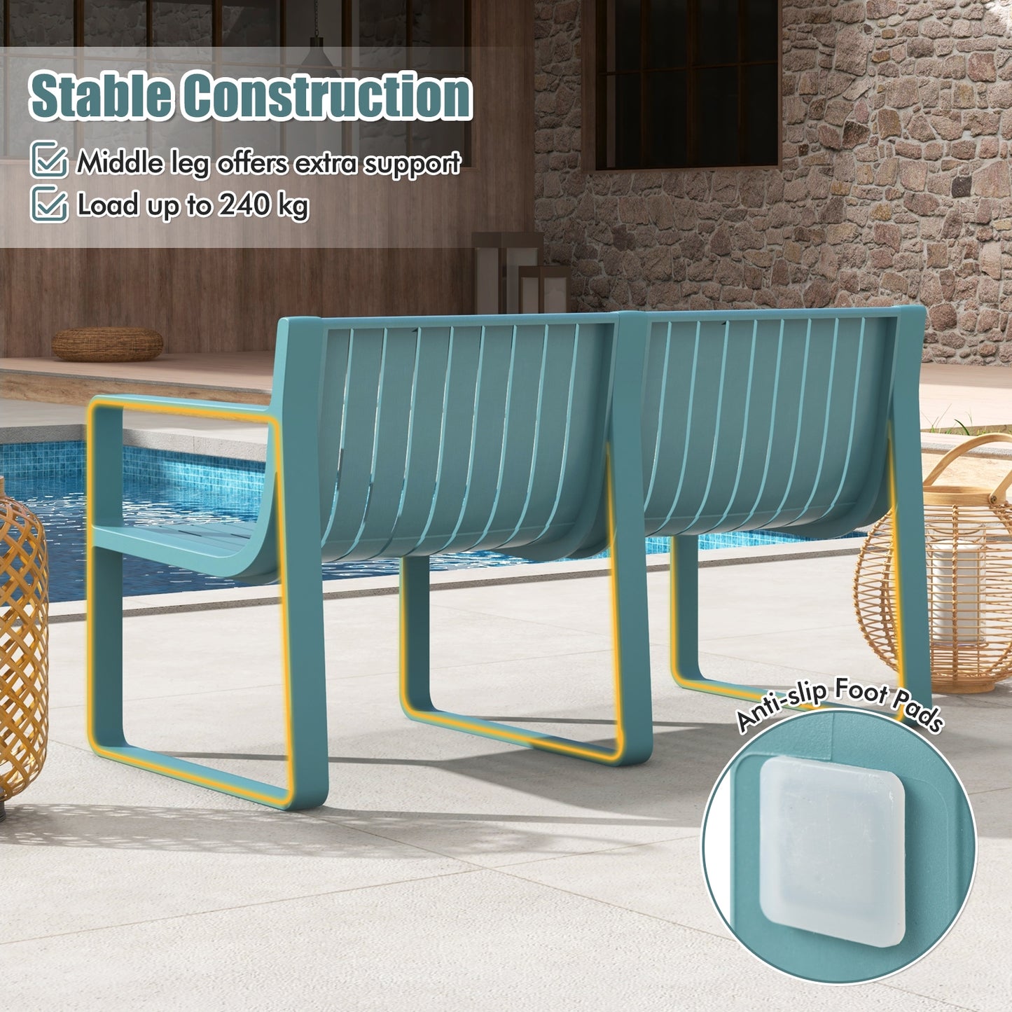 Weather-resistant Plastic 2-Person Bench with Curved Backrest-Blue