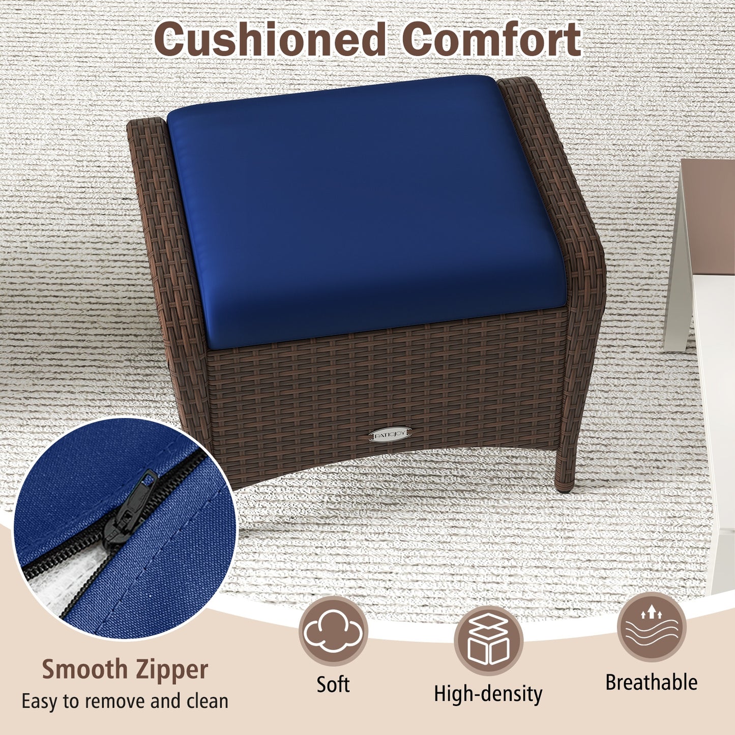 Set of 2 Outdoor Patio PE Wicker Ottomans with Removable Cushions-Navy