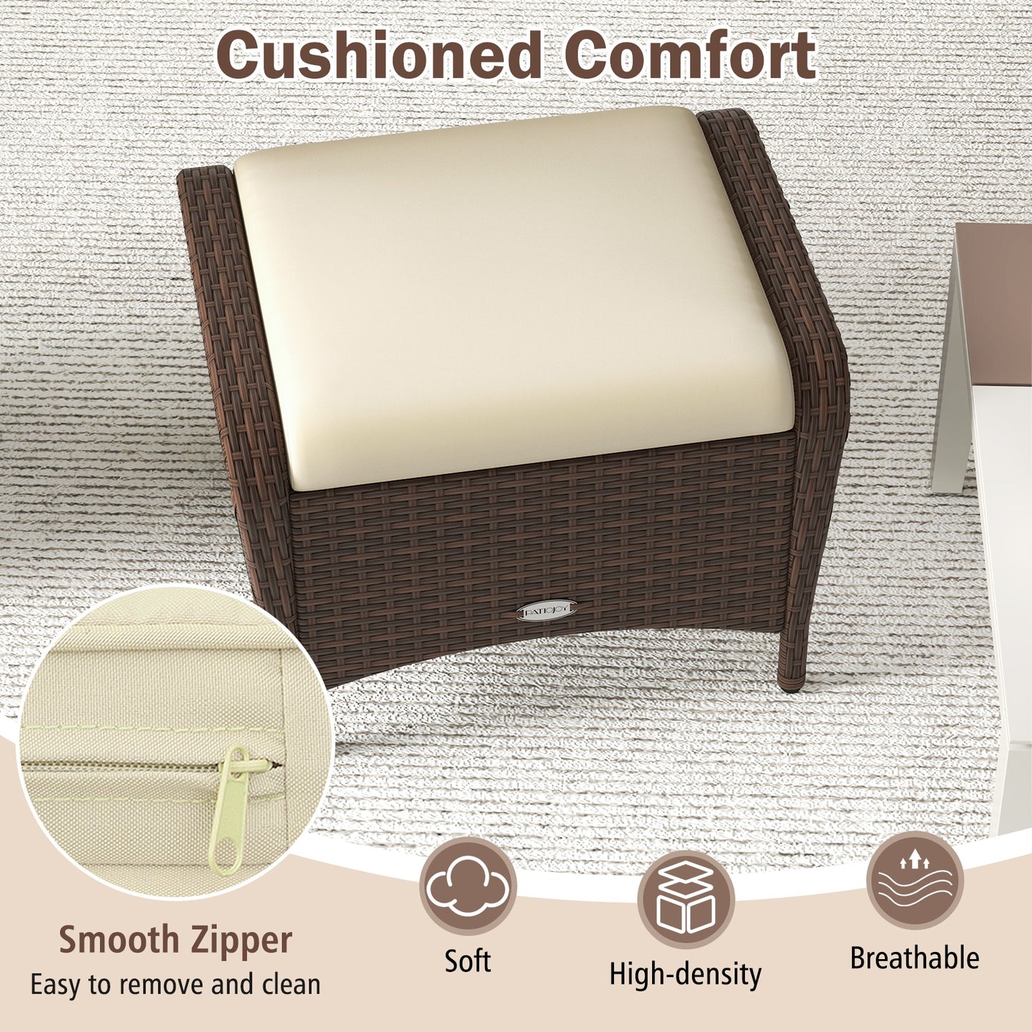 Set of 2 Outdoor Patio PE Wicker Ottomans with Removable Cushions-Beige