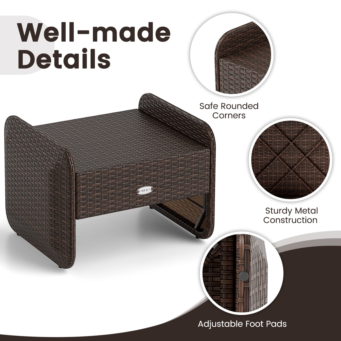 2 Pieces Outdoor Patio PE Wicker Ottomans with Removable Cushions-Brown