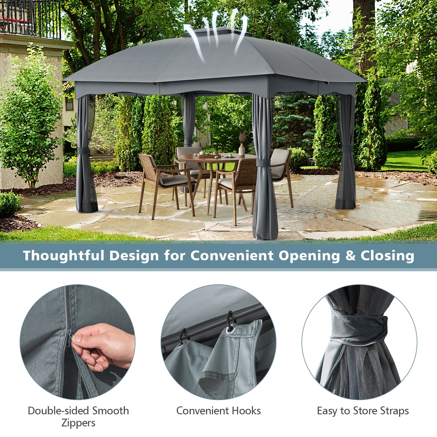 12 x 10 Feet Canopy Double Vented Heavy Duty Steel Gazebo-Gray