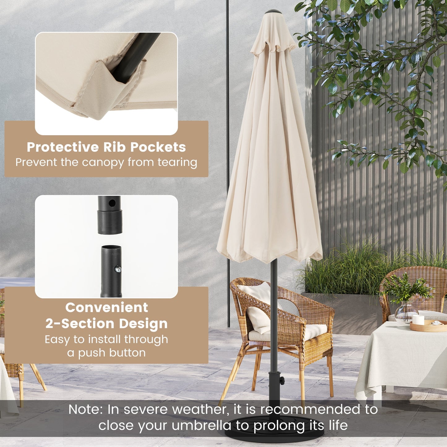 Outdoor Heavy Duty Market Umbrella with Crank Handle and 8 Sturdy Ribs-Beige