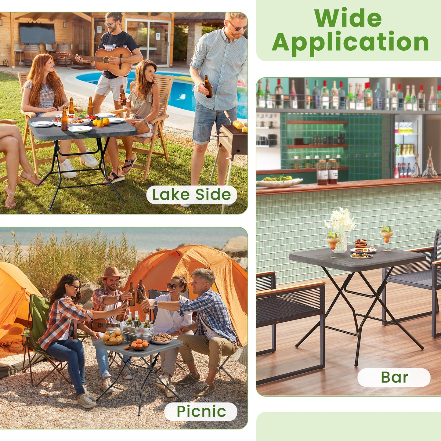 2.6FT Foldable Dining Table with Wood Grain HDPE Tabletop and Non-slip Foot Pads-Black