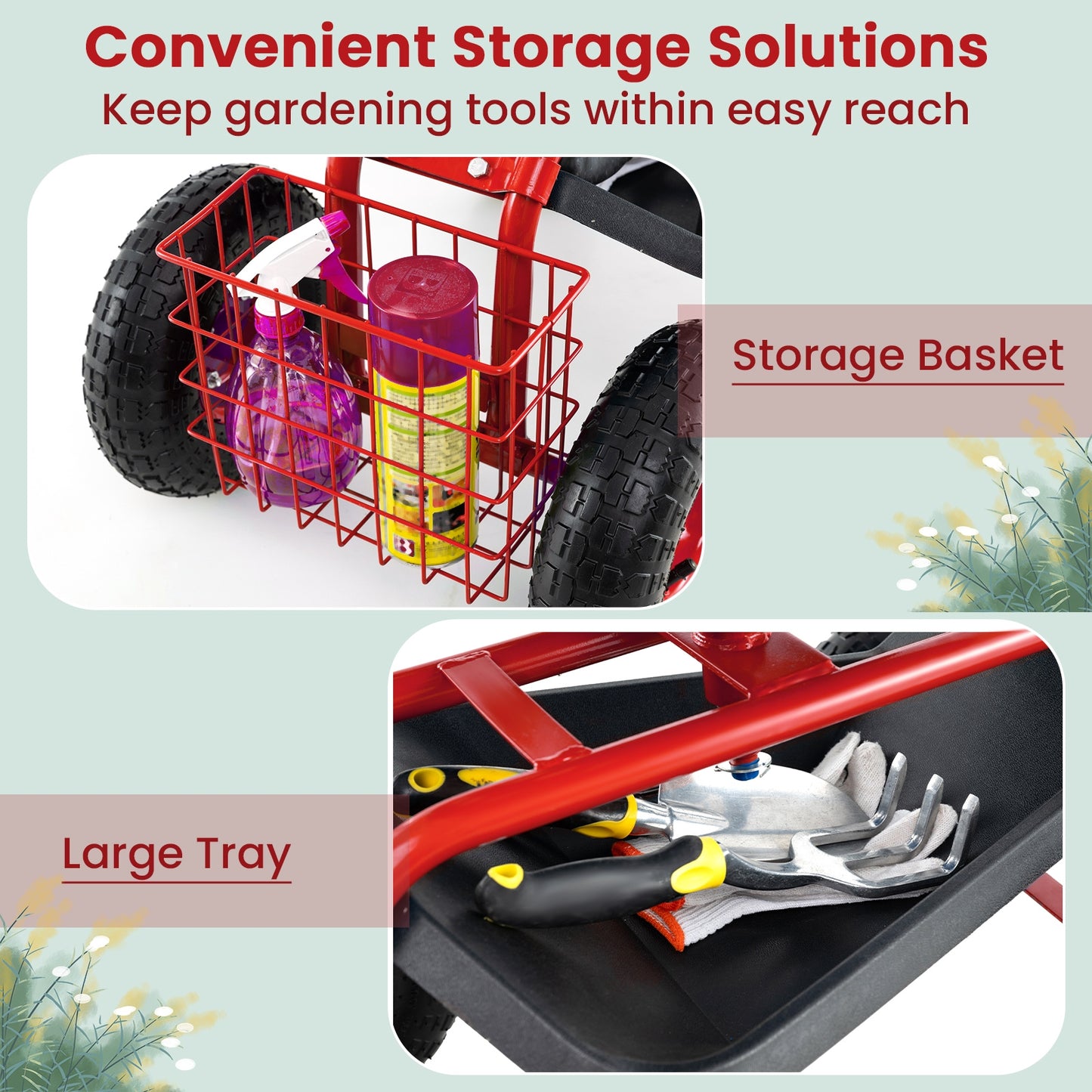 4-Wheel Rolling Garden Cart Work Seat-Red