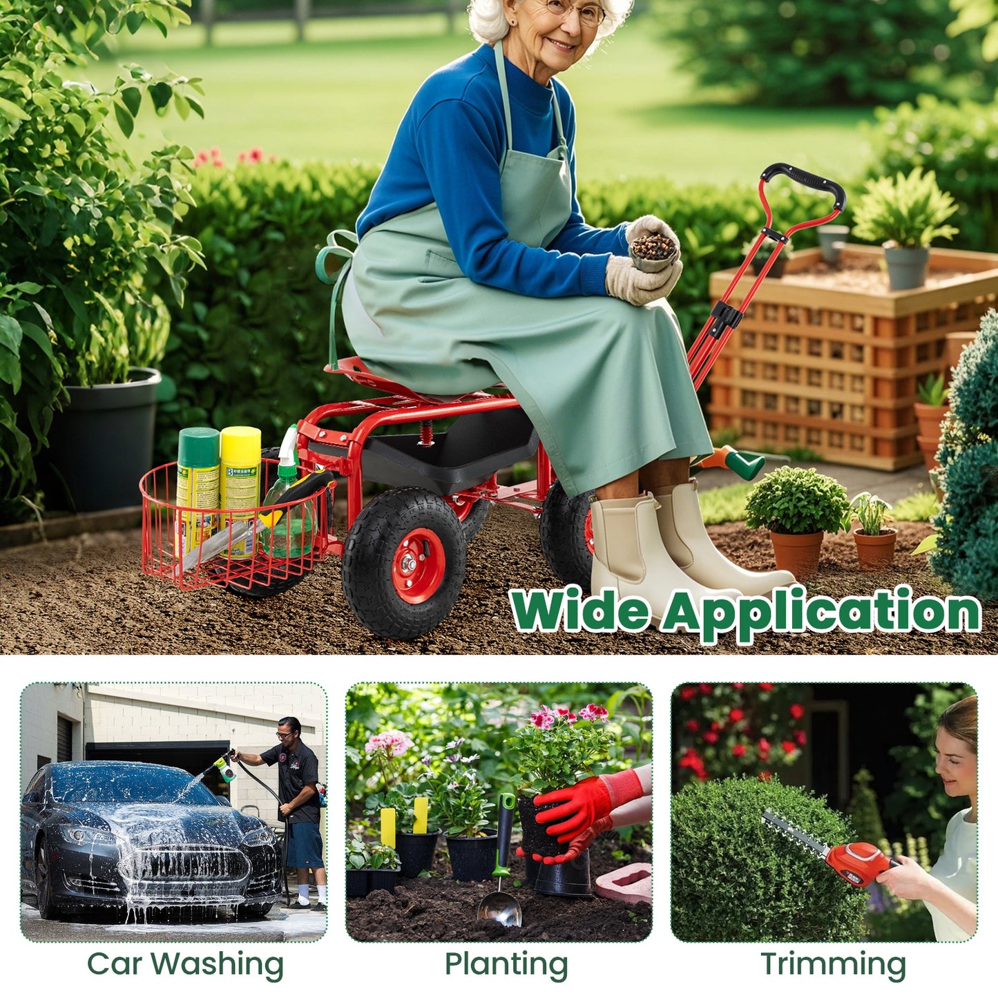 Heavy Duty Garden Cart with Tool Tray and 360 Swivel Seat-Red