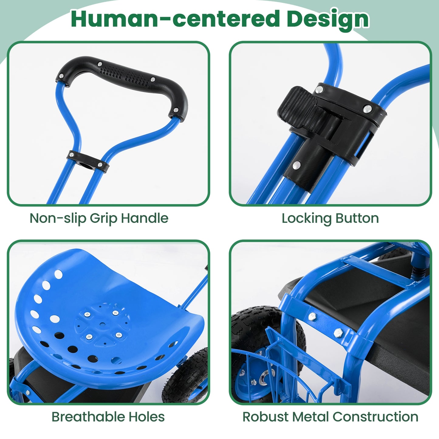 Heavy Duty Garden Cart with Tool Tray and 360 Swivel Seat-Blue