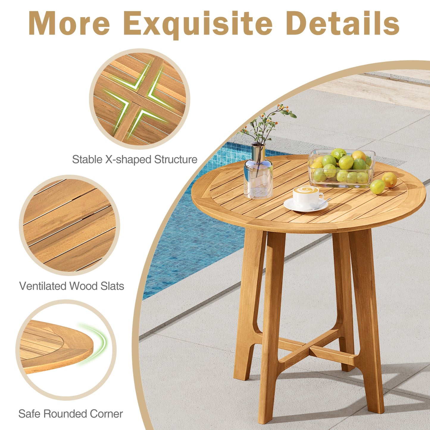 31.5 Inches Patio Dining Table with Slatted Tabletop and X-shaped Frame