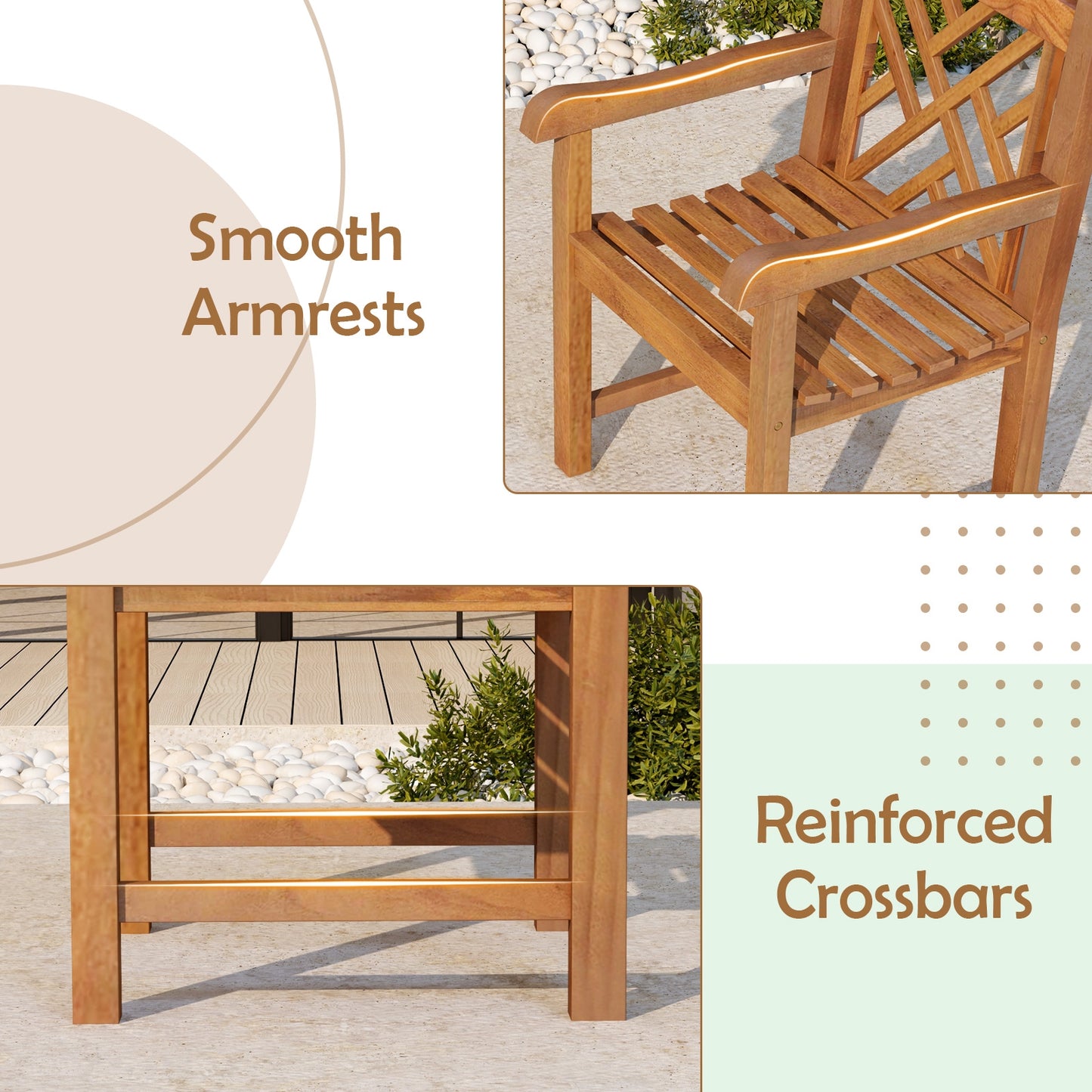 Teak Wood Patio Dining Chair with Slatted Seat Cross-Rhombus Backrest and Solid Legs
