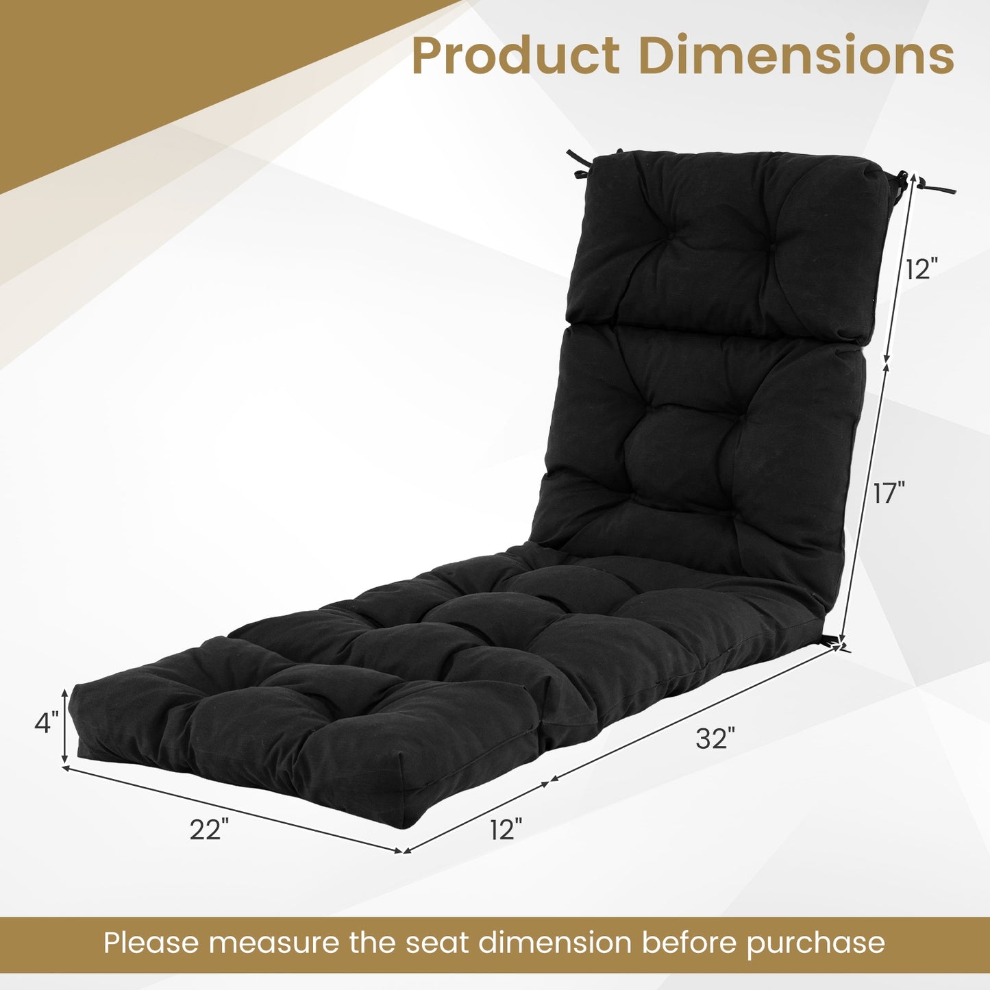 Outdoor Lounge Chaise Cushion with String Ties for Garden Poolside-Black