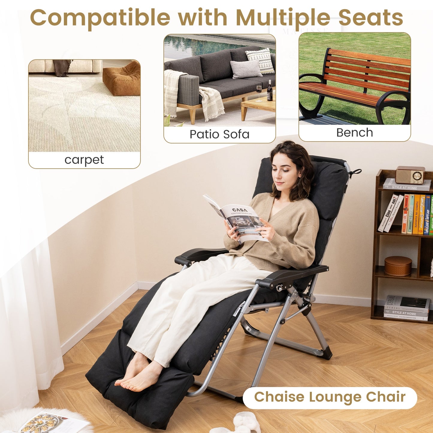 Outdoor Lounge Chaise Cushion with String Ties for Garden Poolside-Black