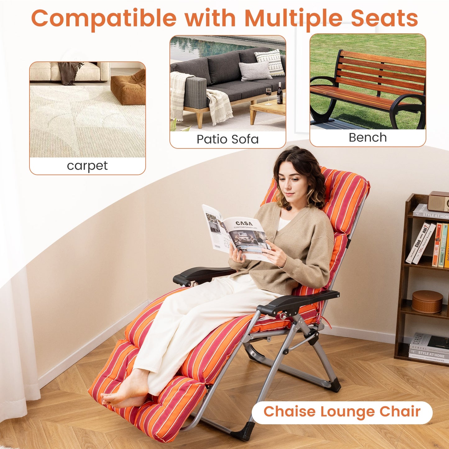 Outdoor Lounge Chaise Cushion with String Ties for Garden Poolside-Red