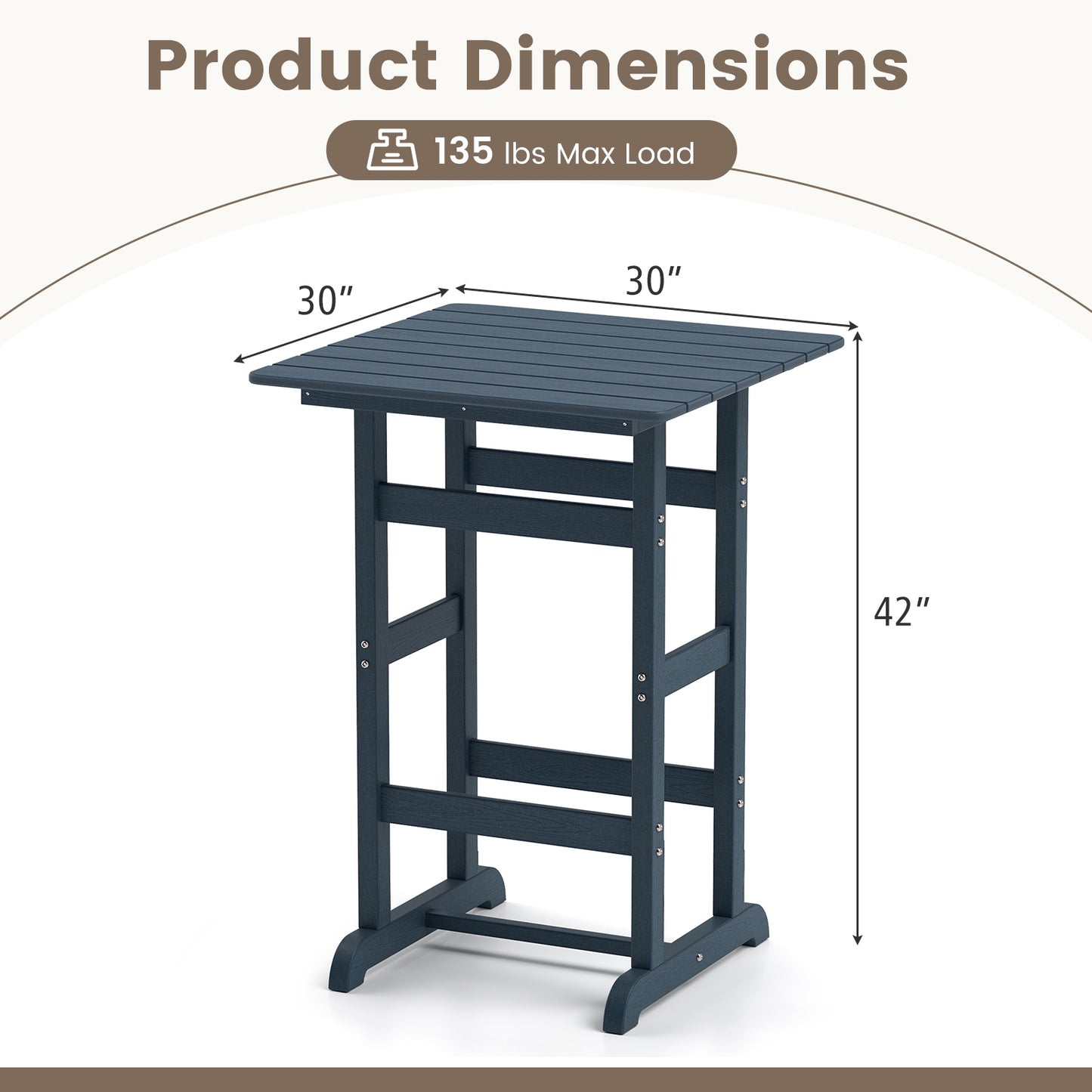 30 Inch Square Bar Table Dining Table with Slatted Tabletop for Poolside-Navy