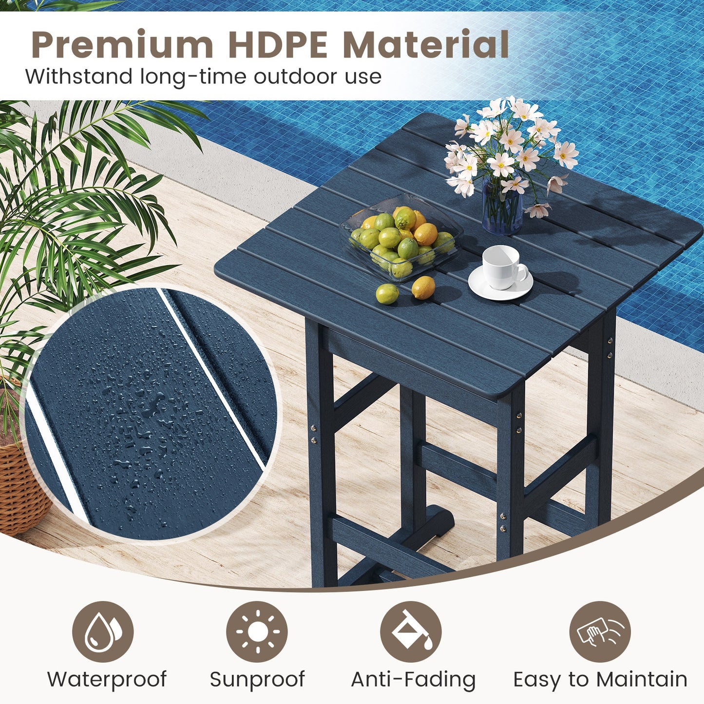 30 Inch Square Bar Table Dining Table with Slatted Tabletop for Poolside-Navy