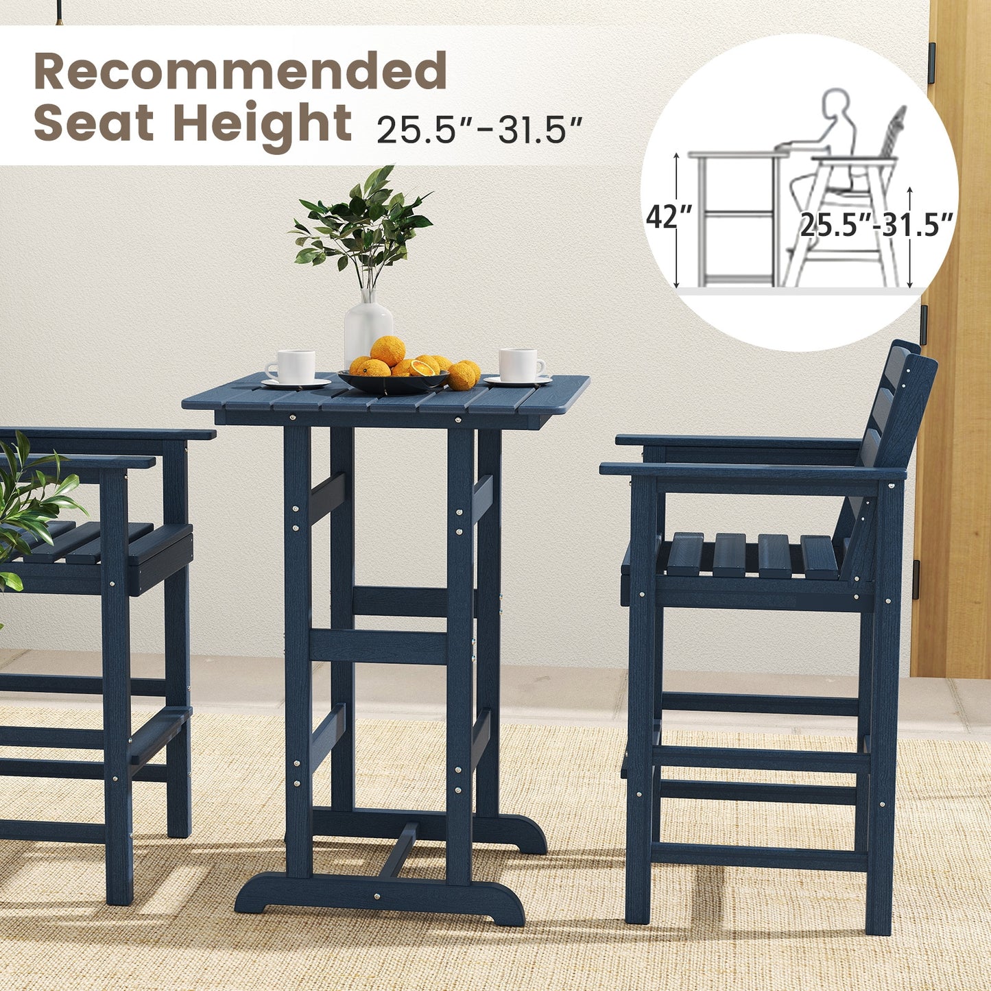 30 Inch Square Bar Table Dining Table with Slatted Tabletop for Poolside-Navy