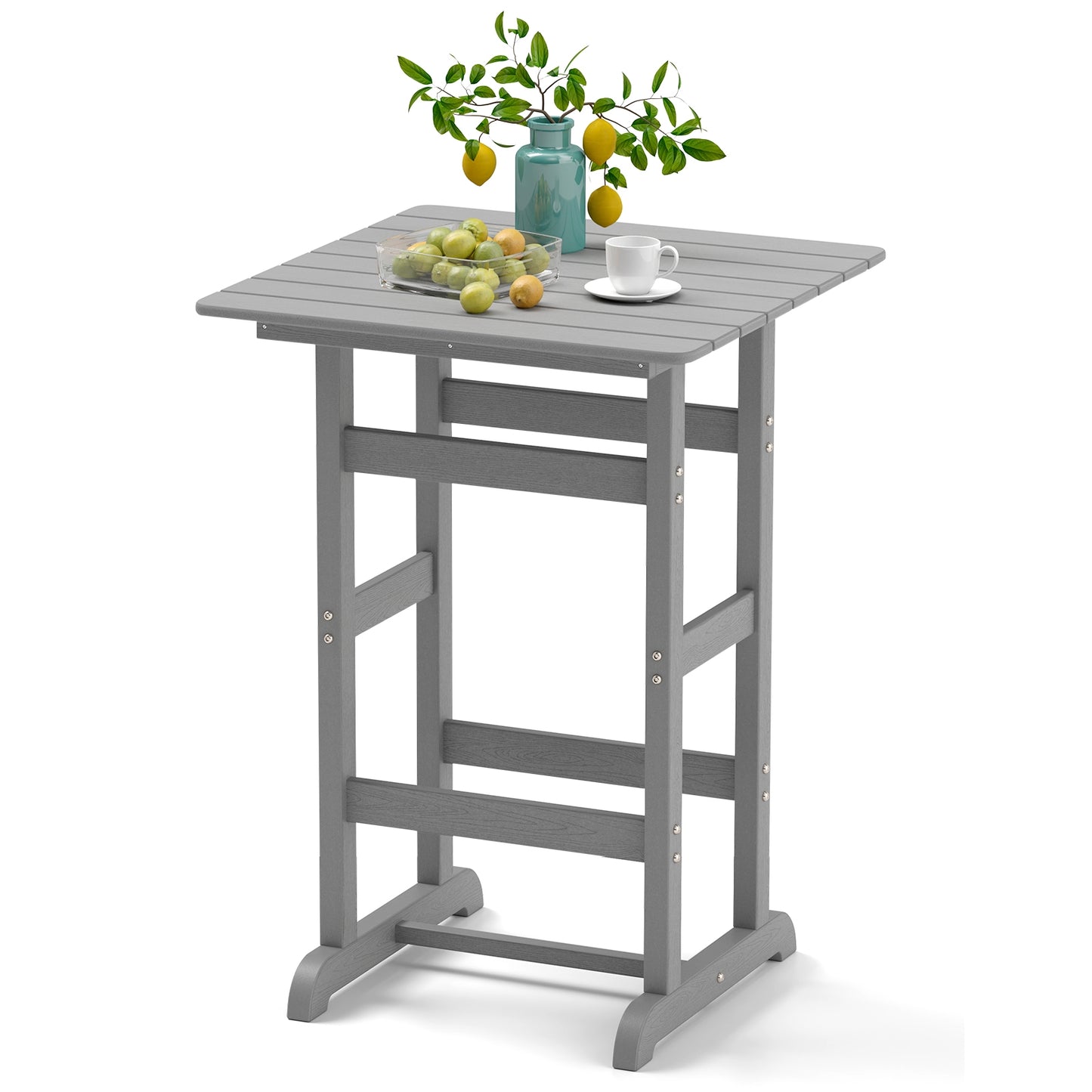 30 Inch Square Bar Table Dining Table with Slatted Tabletop for Poolside-Gray