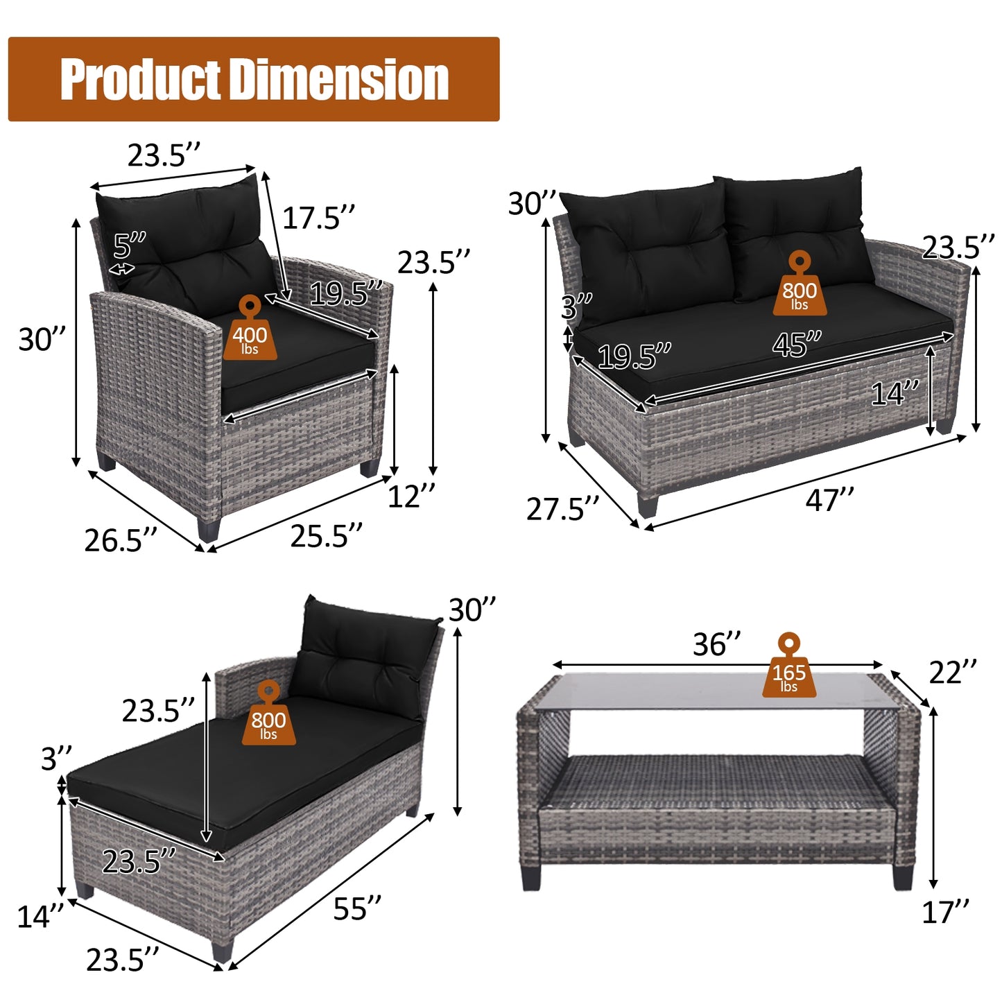 4 Pieces Patio Rattan Sofa Furniture Set with Cushion and 2-Tier Coffee Table-Black