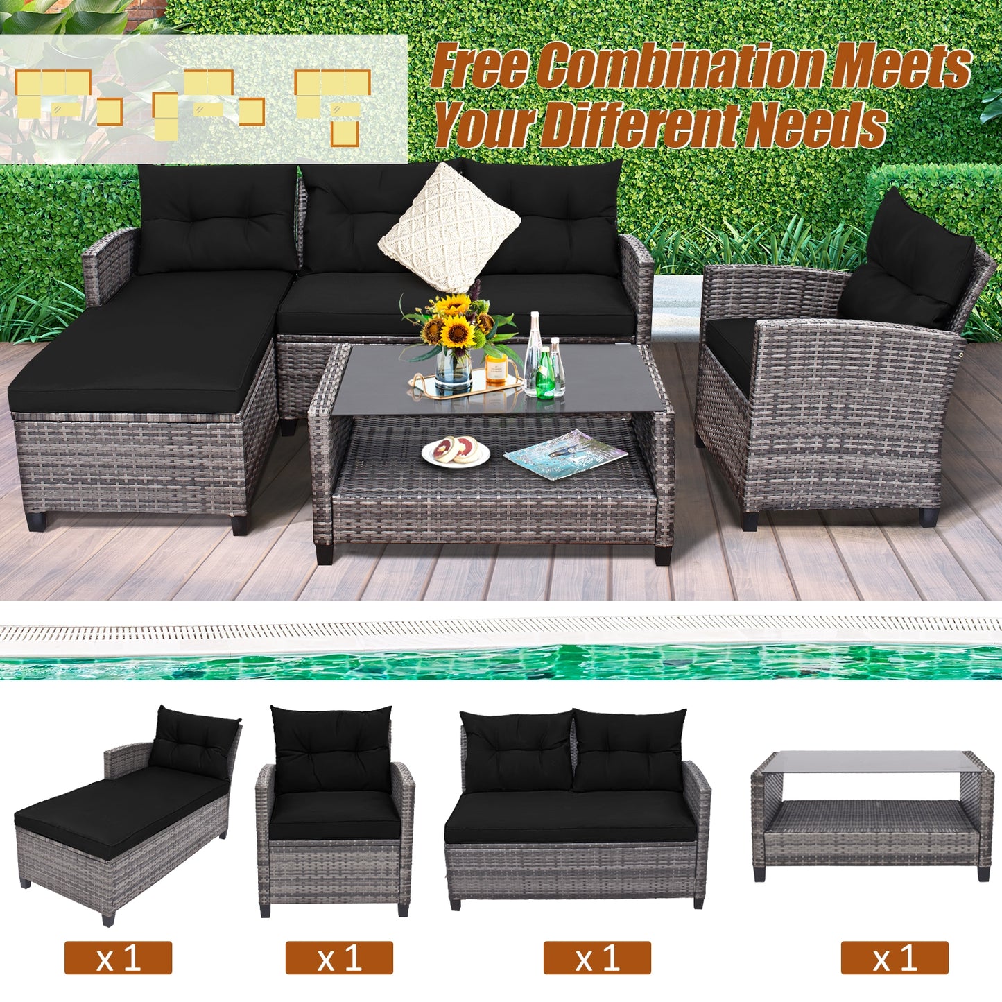 4 Pieces Patio Rattan Sofa Furniture Set with Cushion and 2-Tier Coffee Table-Black