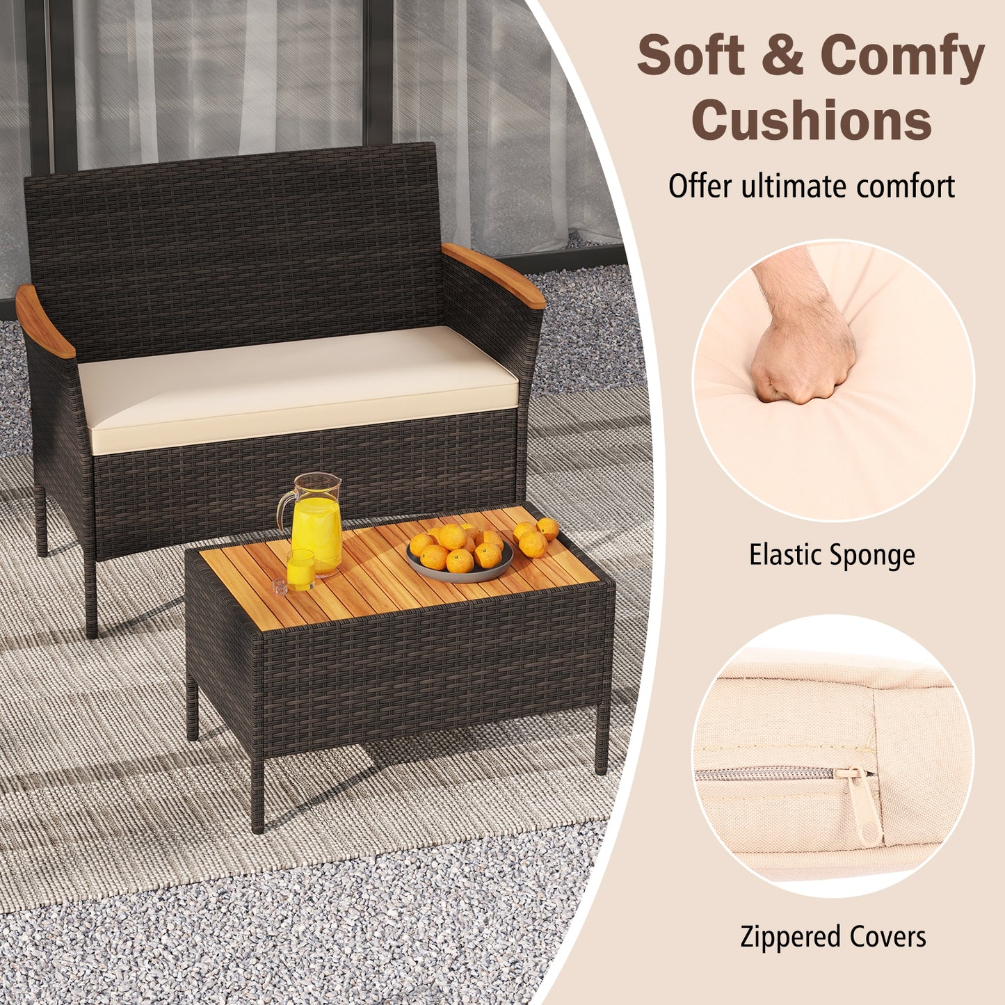 4 Piece Patio Wicker Sofa Set 2 Rattan Chairs and Loveseat with Table-Brown