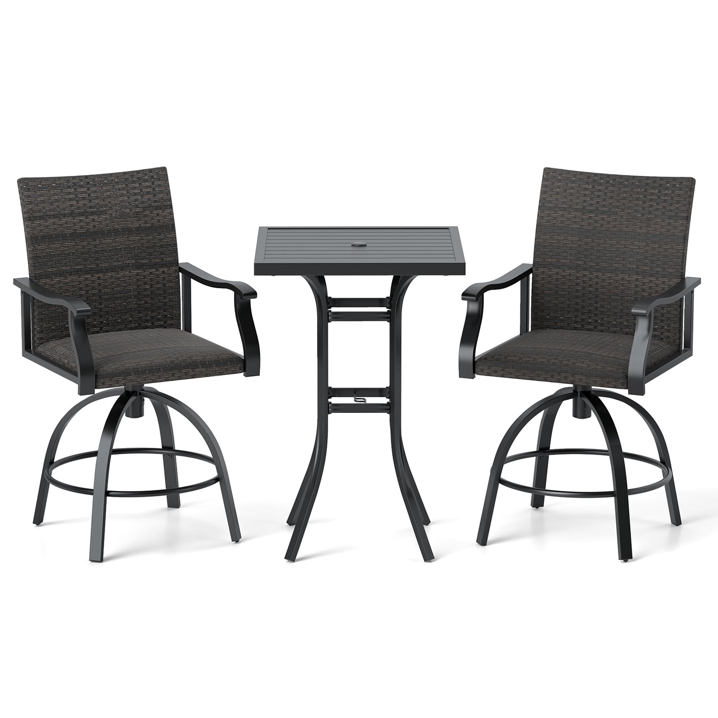 3 Pieces PE Wicker Patio Swivel Bar Set with Quick-Drying Foam-Black