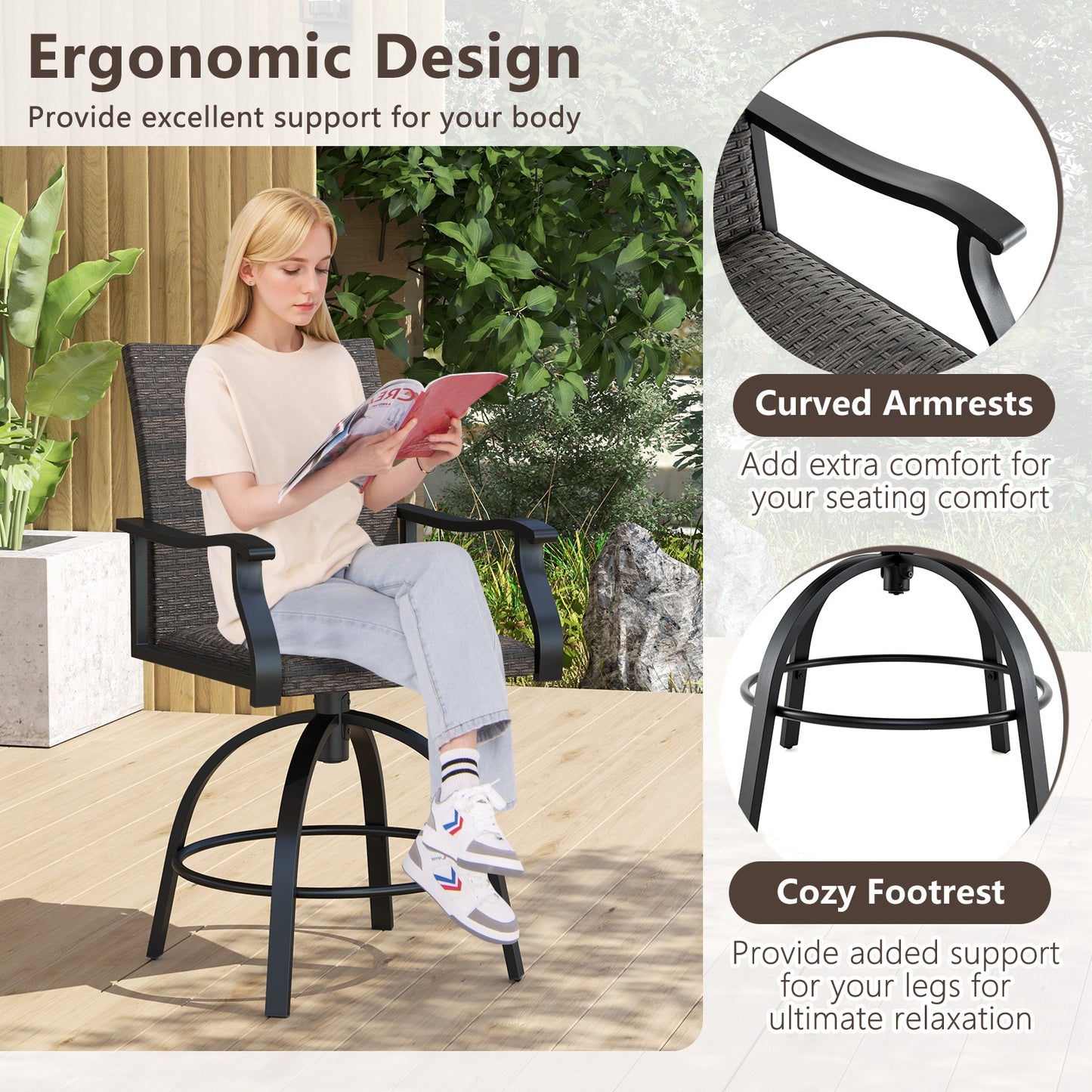 3 Pieces PE Wicker Patio Swivel Bar Set with Quick-Drying Foam-Black