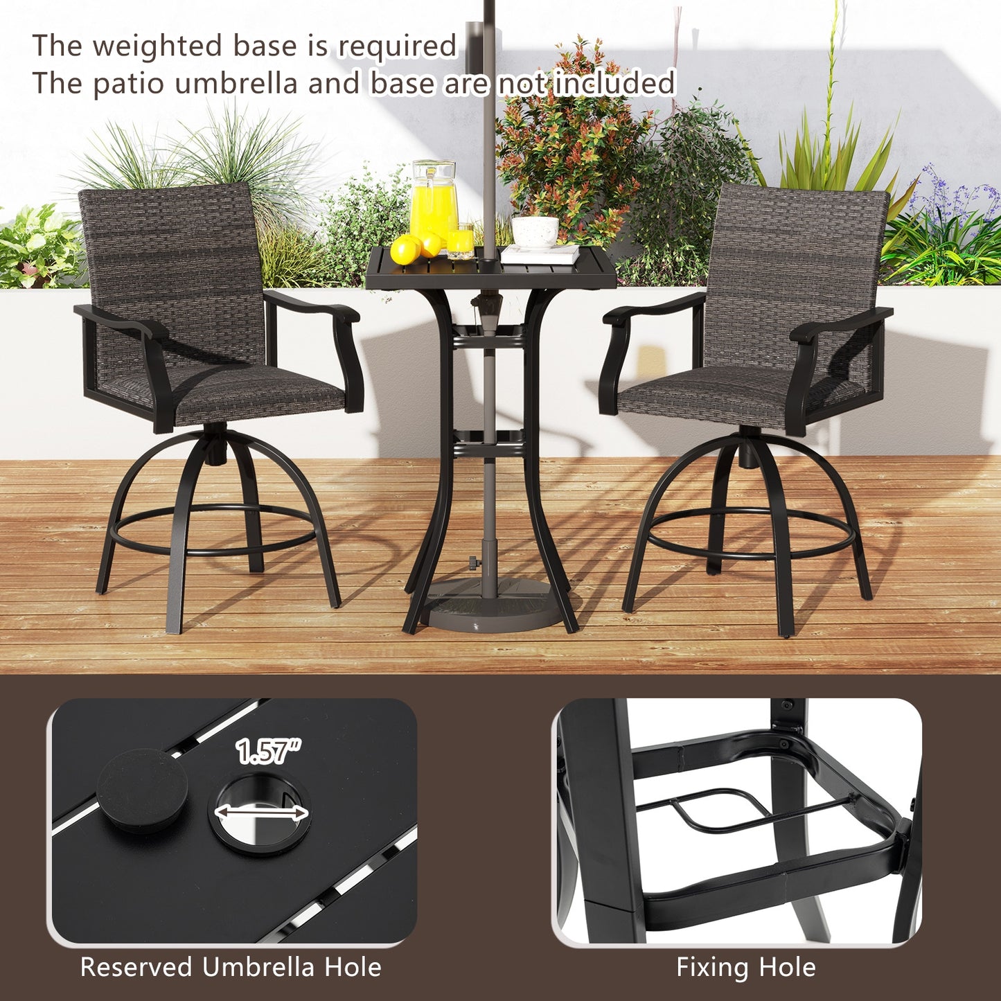 3 Pieces PE Wicker Patio Swivel Bar Set with Quick-Drying Foam-Black