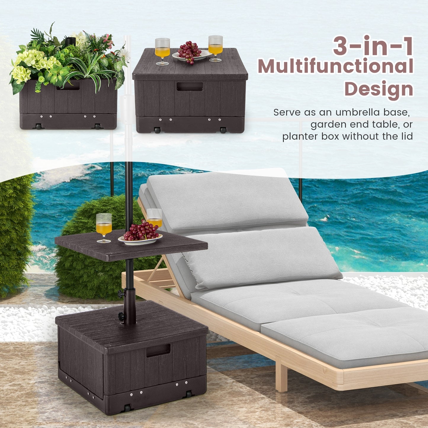 175 LBS Outdoor Fillable Umbrella Base with Table Tray-Brown