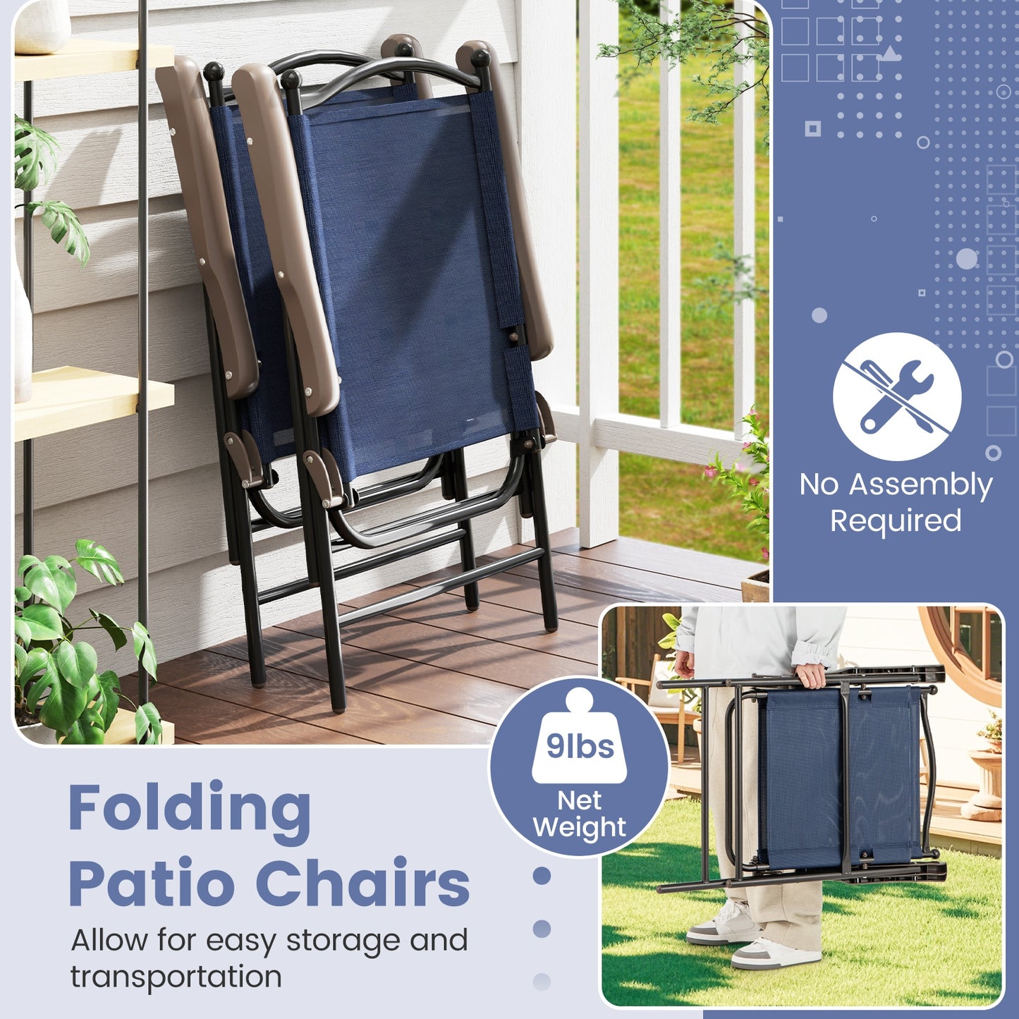 Set of 2 Patio Folding Sling Back Camping Deck Chairs-Navy