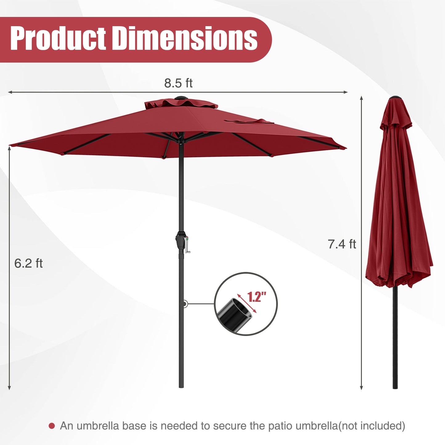 Outdoor Heavy Duty Market Umbrella with Crank Handle and 8 Sturdy Ribs-Red