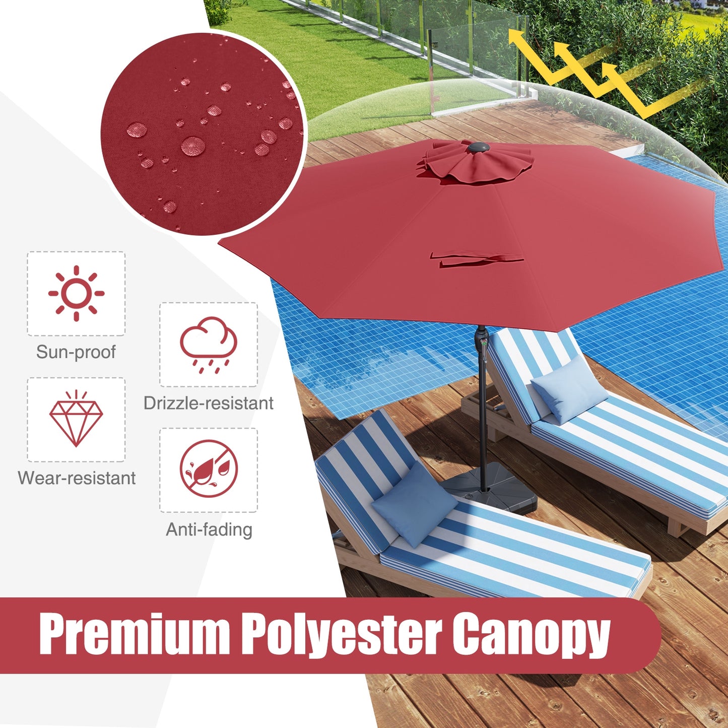 Outdoor Heavy Duty Market Umbrella with Crank Handle and 8 Sturdy Ribs-Red