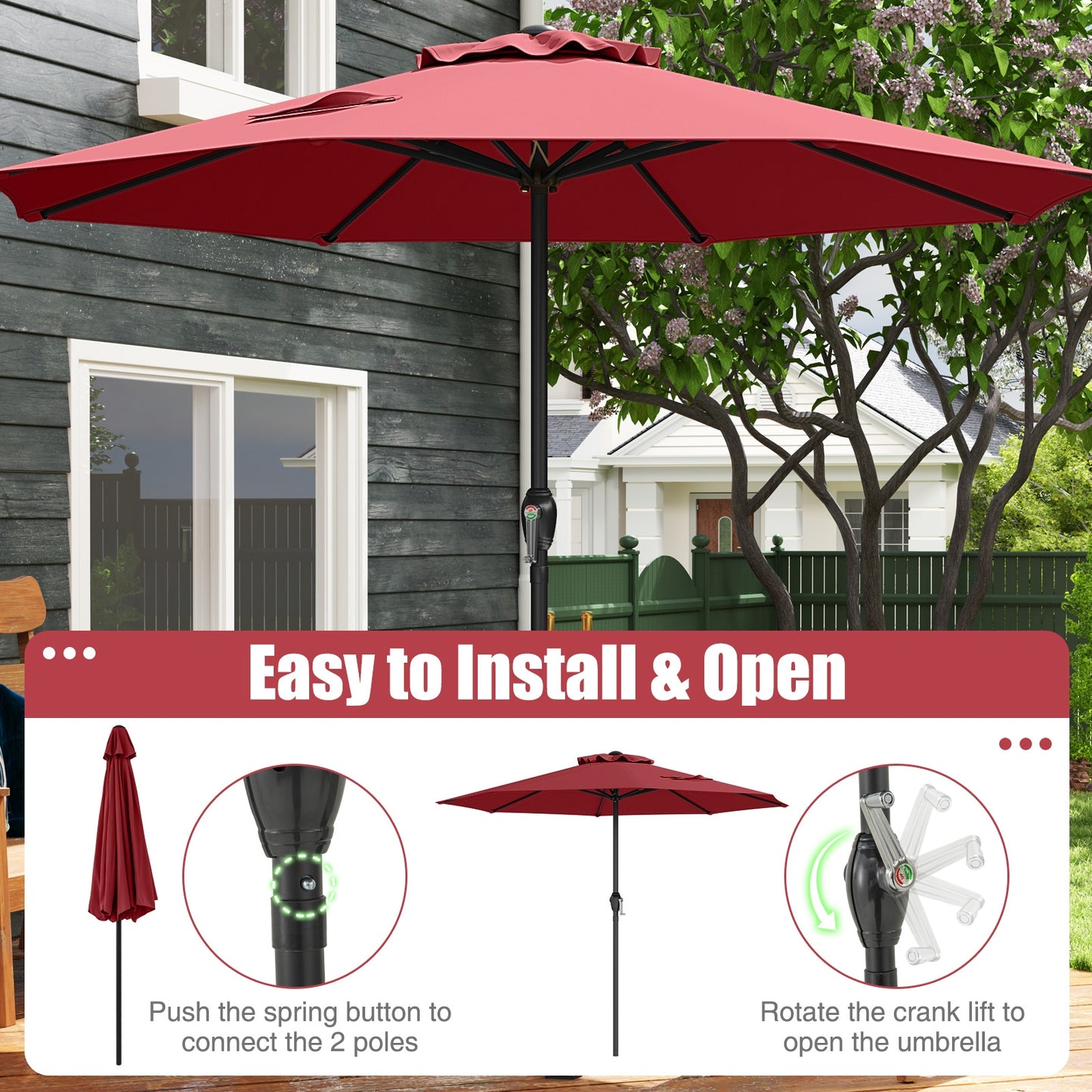 Outdoor Heavy Duty Market Umbrella with Crank Handle and 8 Sturdy Ribs-Red