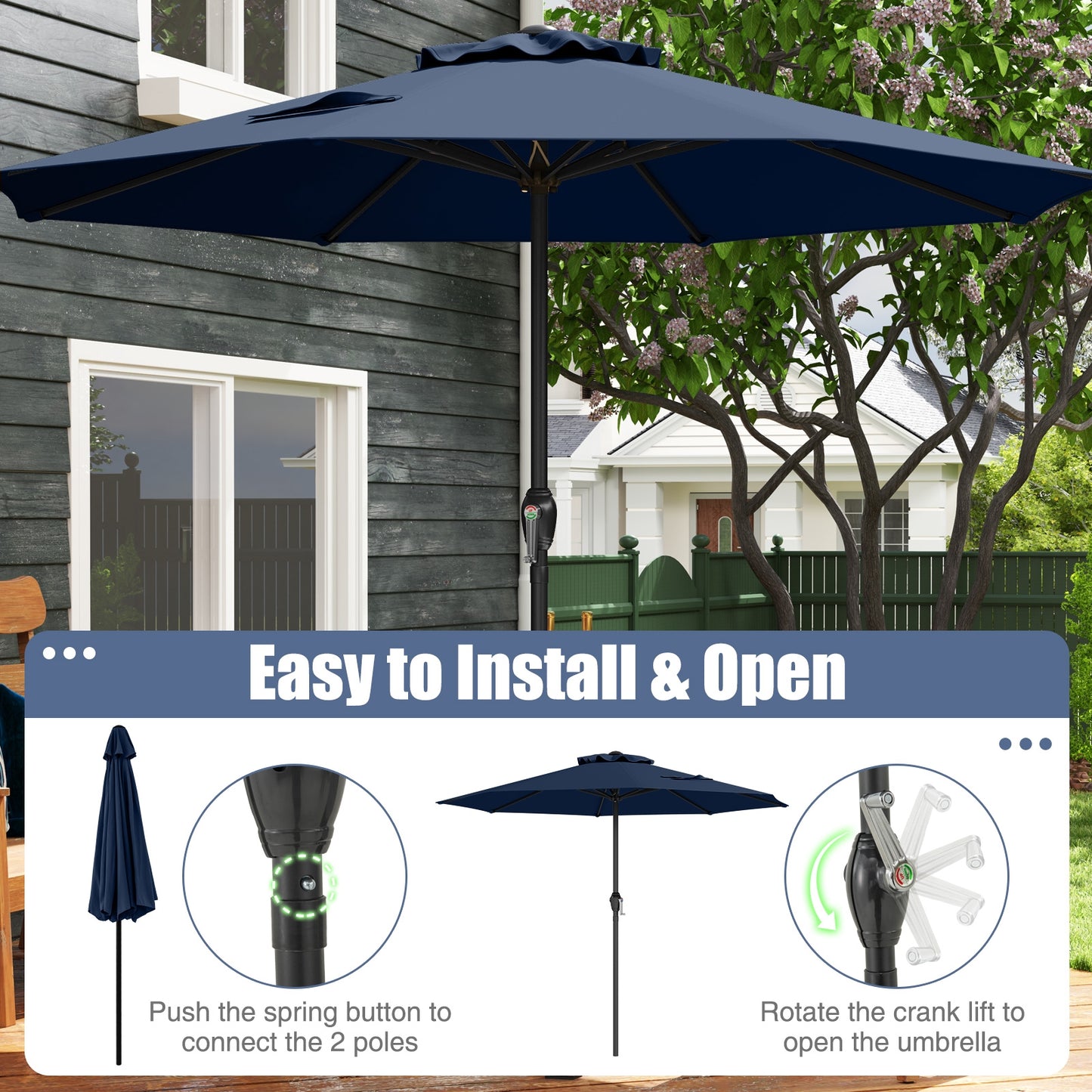 Outdoor Heavy Duty Market Umbrella with Crank Handle and 8 Sturdy Ribs-Navy