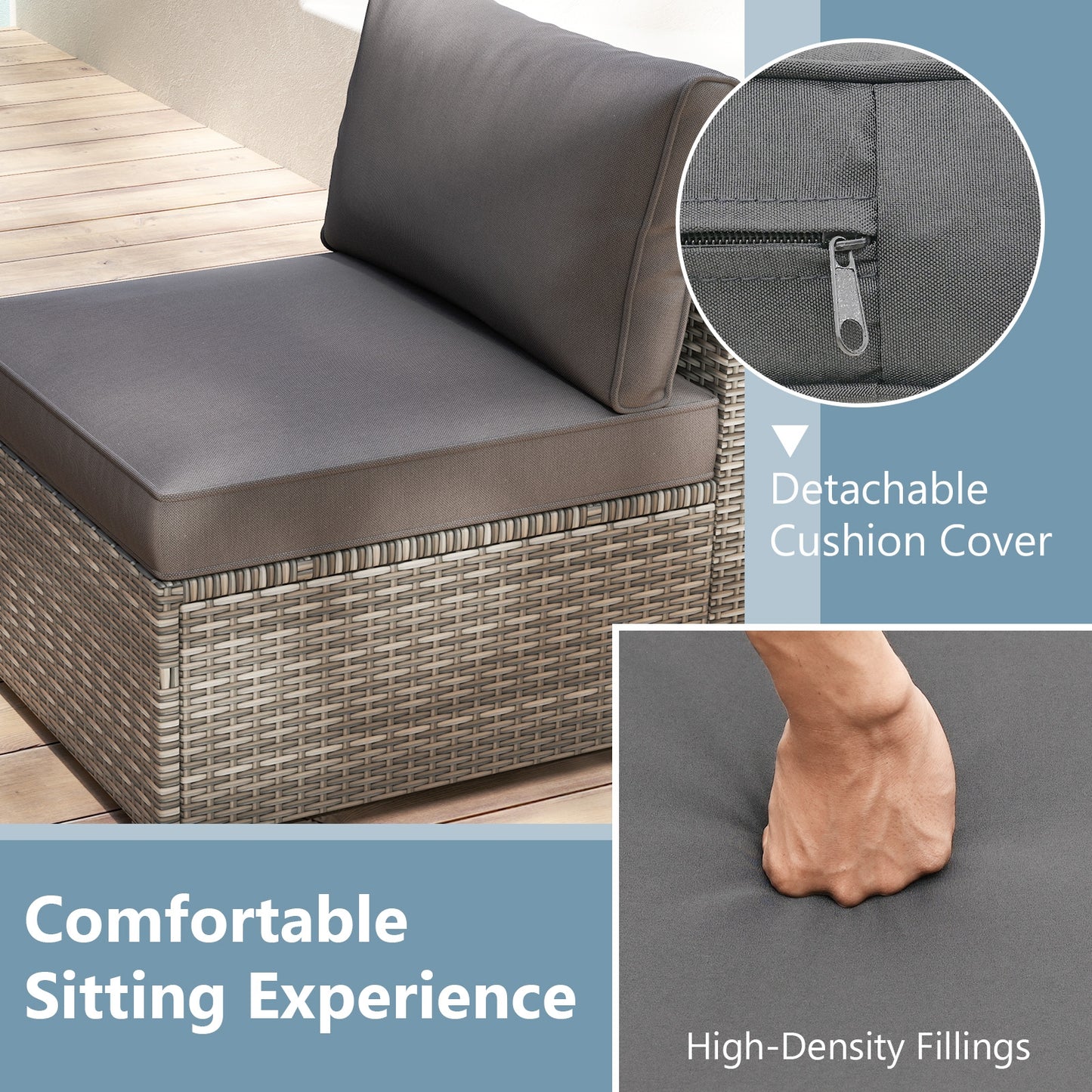 5-Piece Outdoor Patio Sectional Sofa Couch and Glass Coffee Table with Cushions-Gray