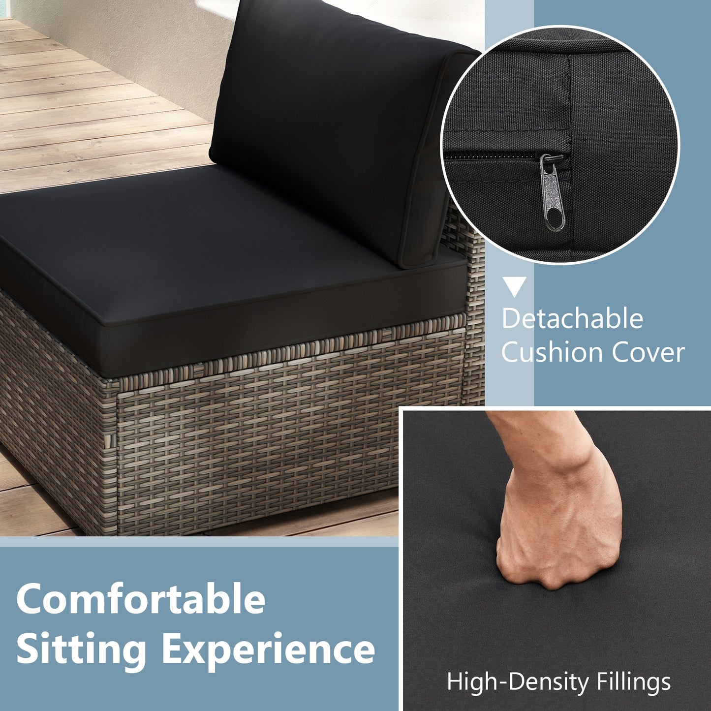 5-Piece Outdoor Patio Sectional Sofa Couch and Glass Coffee Table with Cushions-Black
