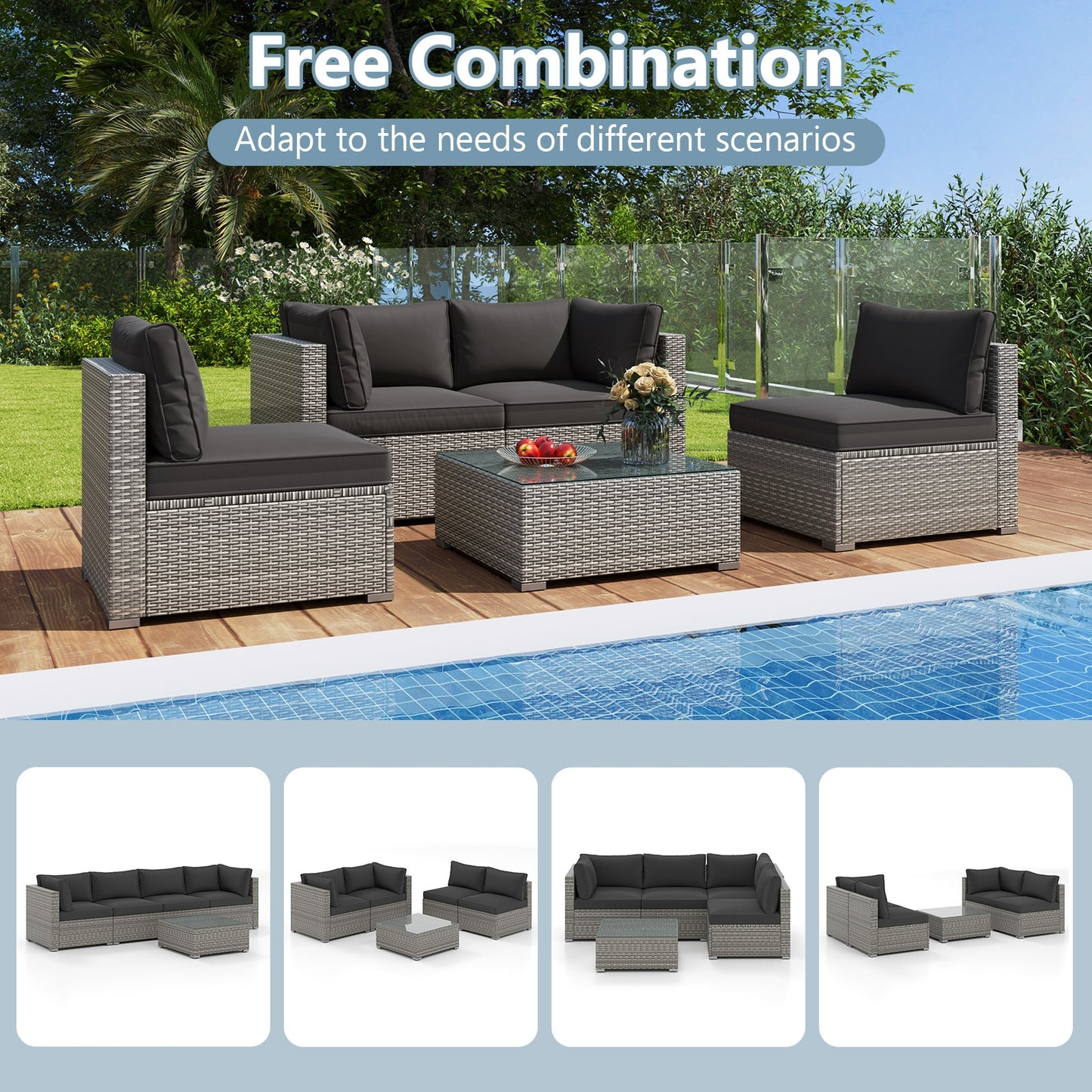 5-Piece Outdoor Patio Sectional Sofa Couch and Glass Coffee Table with Cushions-Black