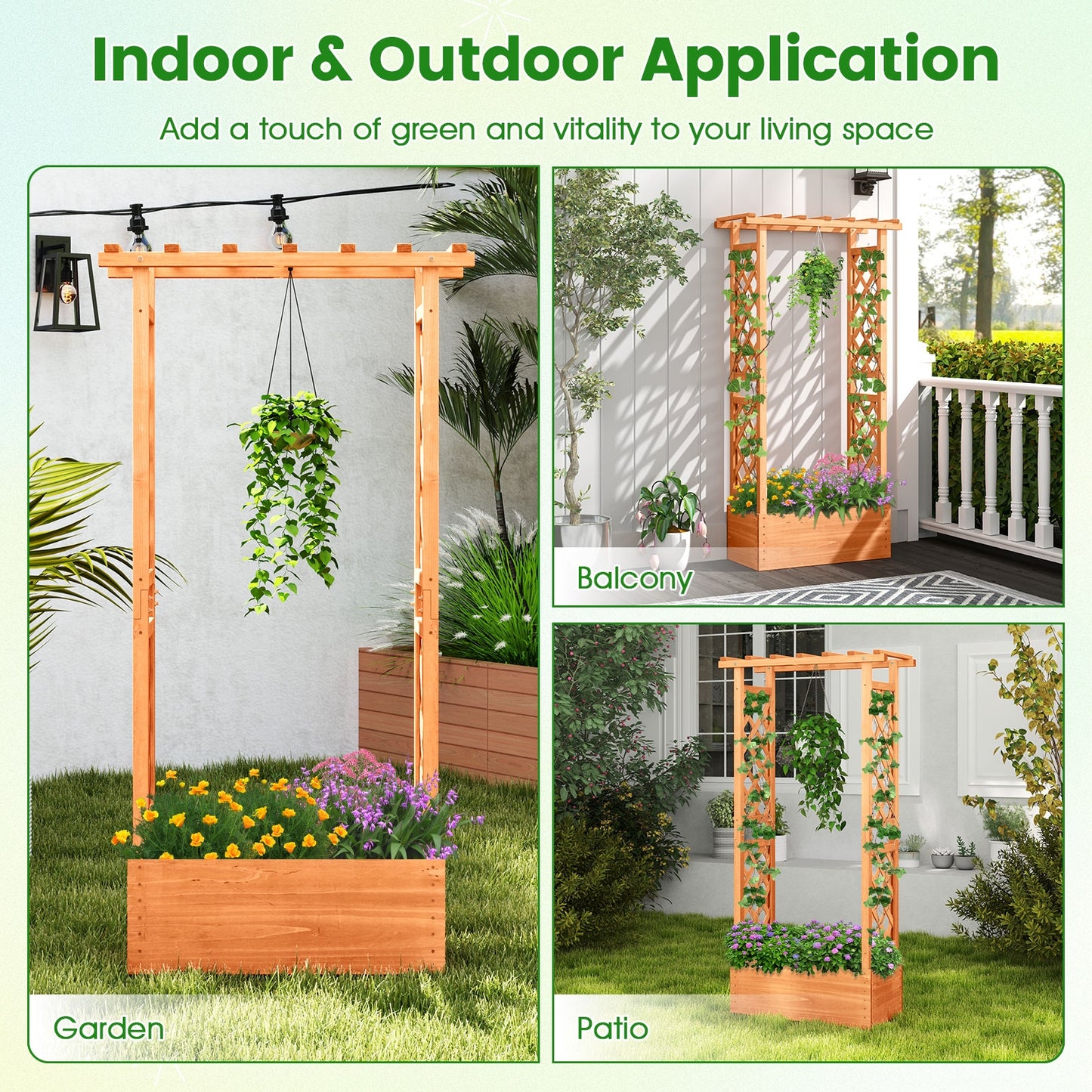Raised Garden Bed with Side Trellis and Hanging Roof and Drainage Hole-Orange