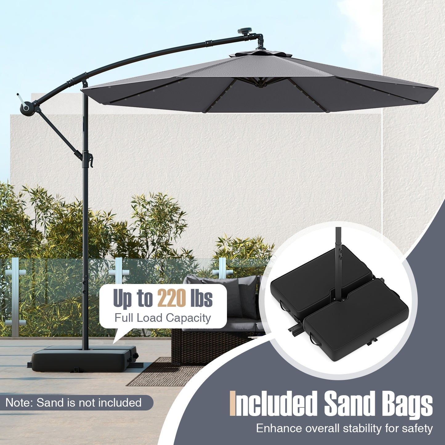 10 Ft Patio Umbrella Offset Cantilever Umbrella with 40 Solar Powered Lights-Gray