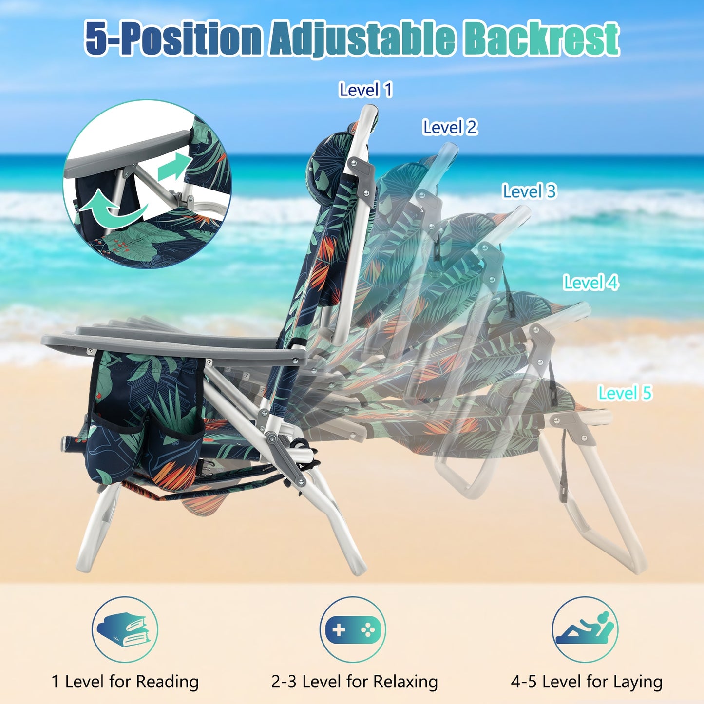 2 Pieces Folding Backpack Beach Chair with Pillow-Multicolor