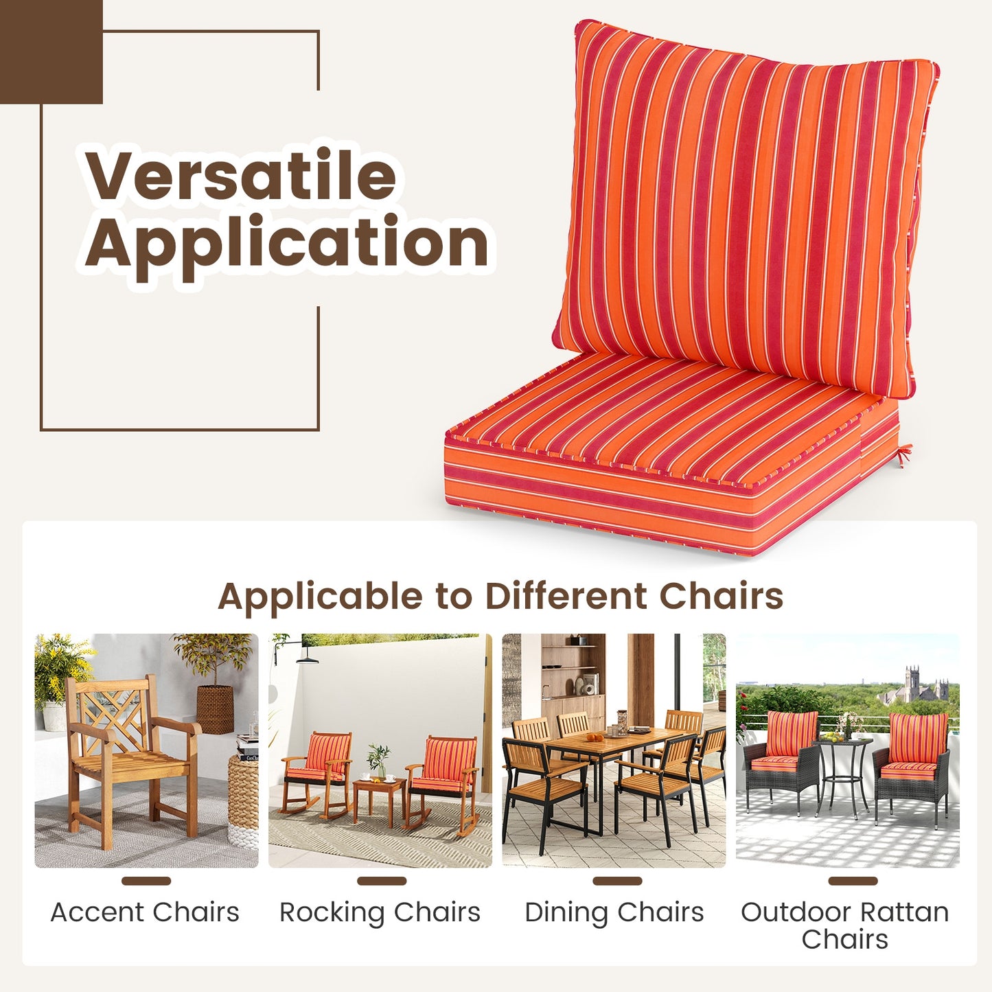 Deep Seat Chair Cushion Pads Set with Rope Belts for Indoor and Outdoor-Orange