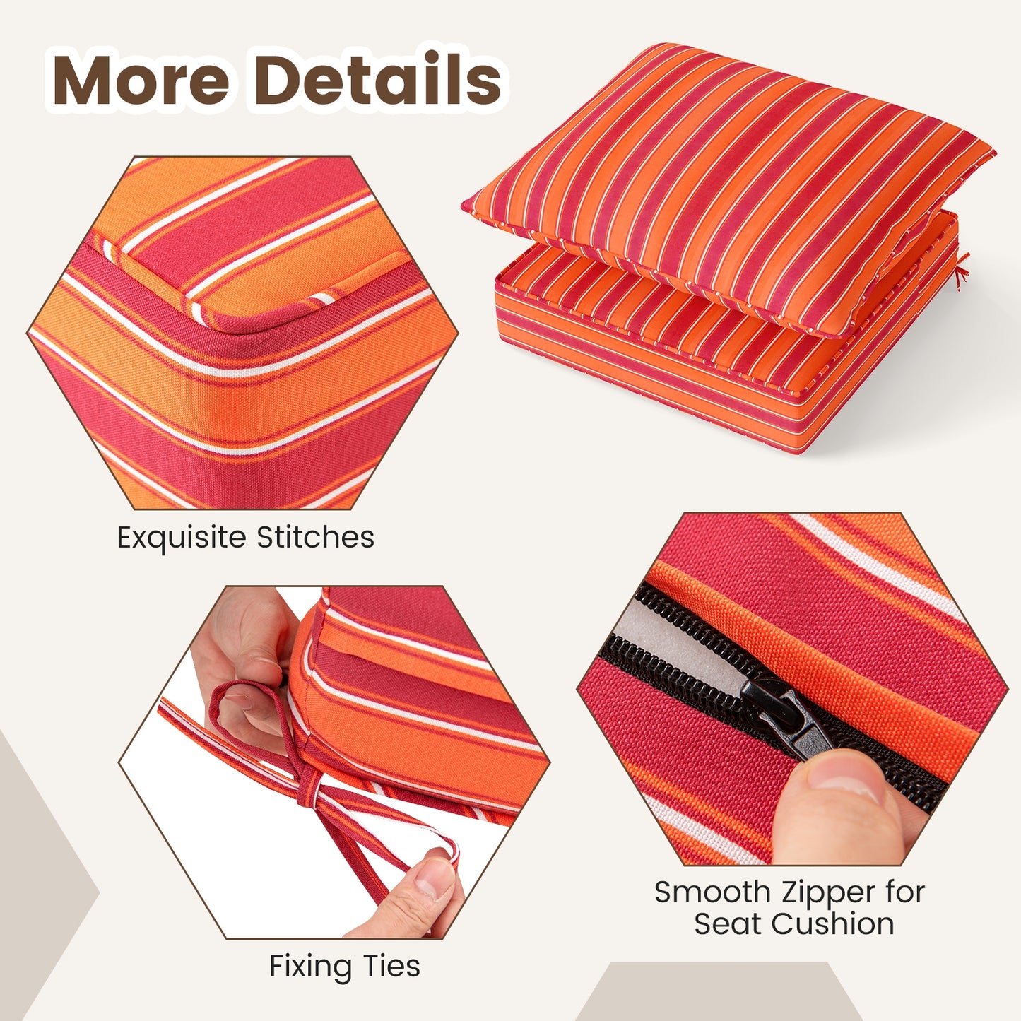 Deep Seat Chair Cushion Pads Set with Rope Belts for Indoor and Outdoor-Orange