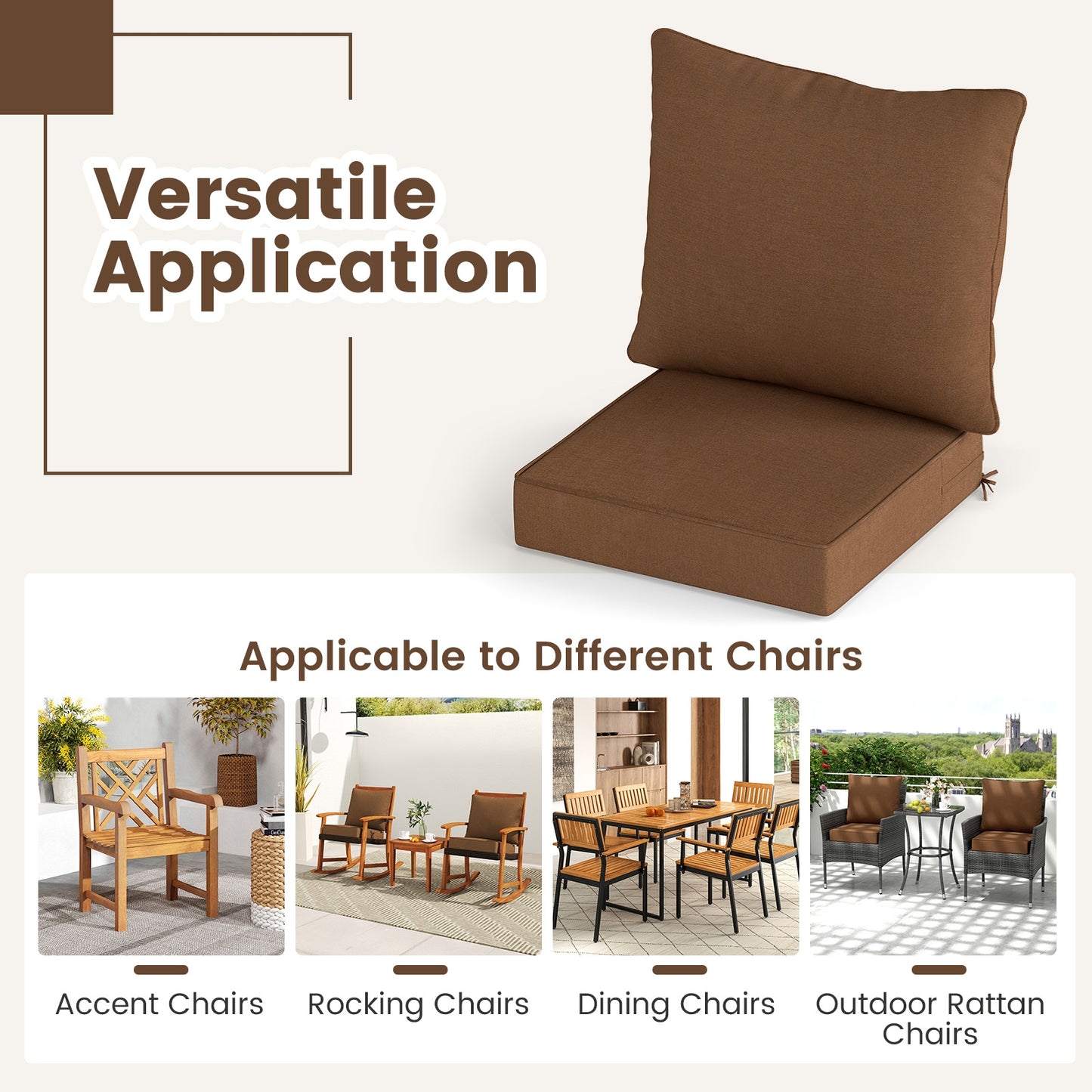 Deep Seat Chair Cushion Pads Set with Rope Belts for Indoor and Outdoor-Brown