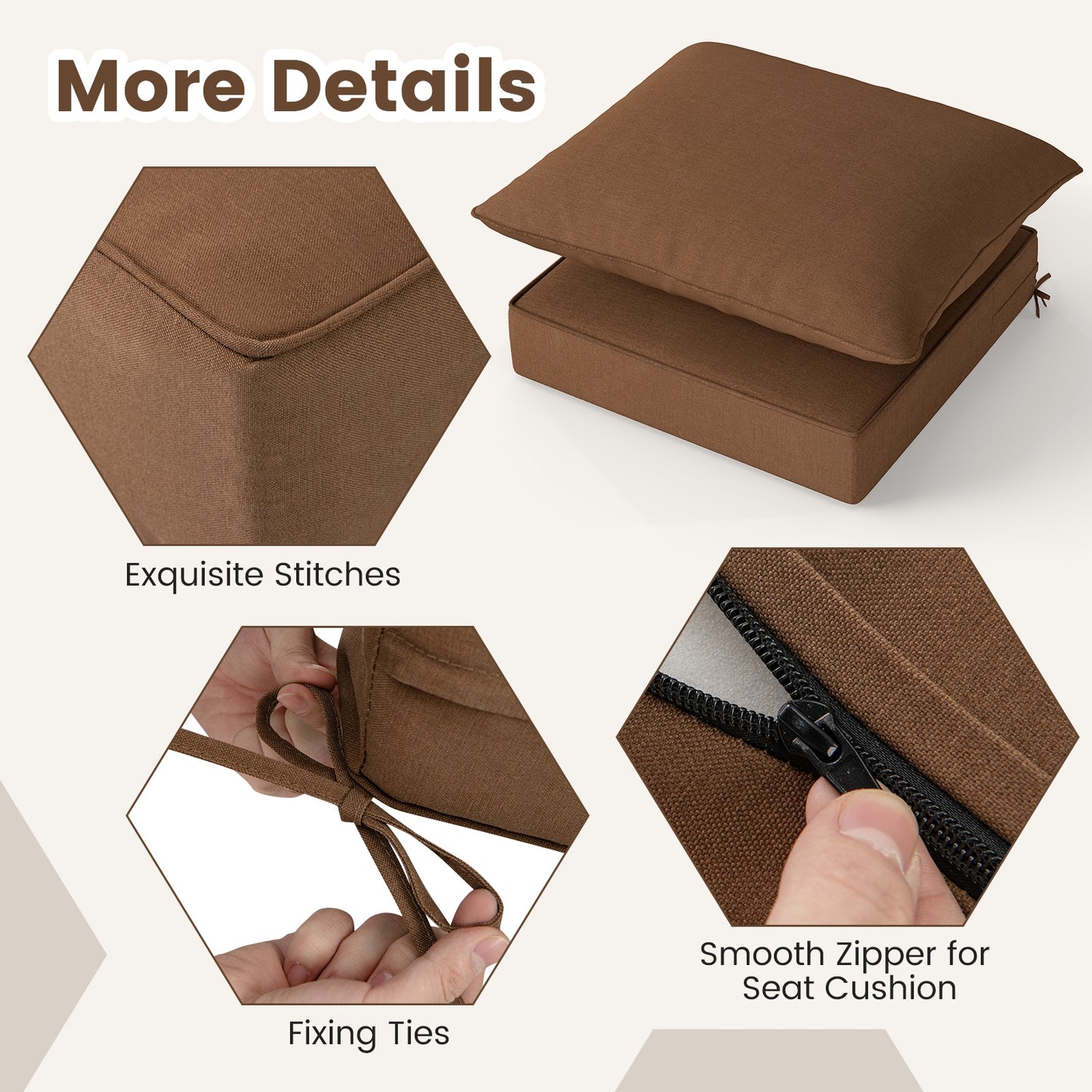 Deep Seat Chair Cushion Pads Set with Rope Belts for Indoor and Outdoor-Brown