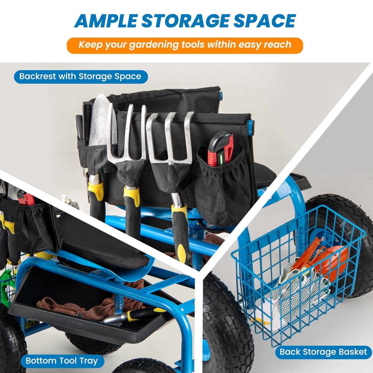 Rolling Garden Cart with Height Adjustable Swivel Seat and Storage Basket-Blue