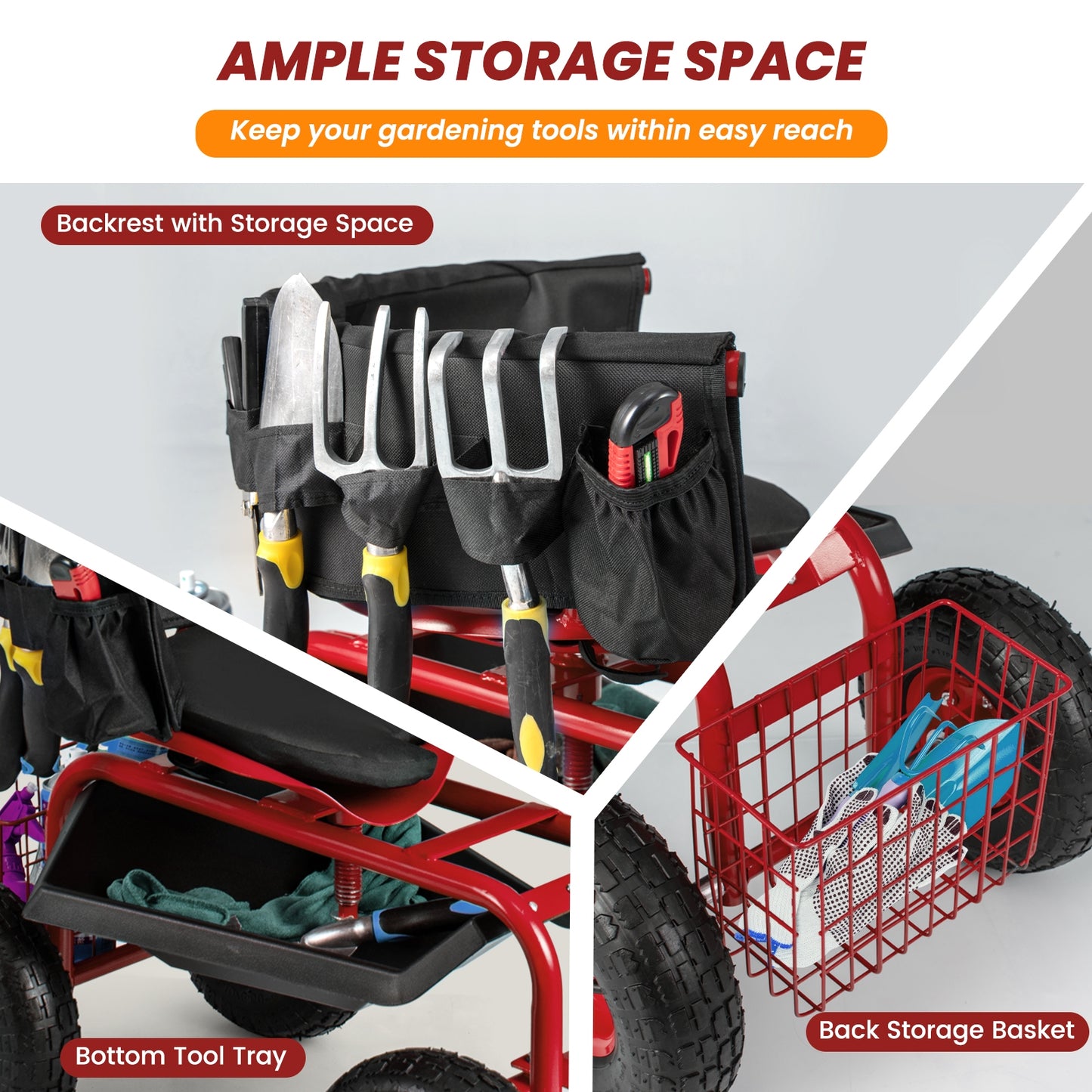 Rolling Garden Cart with Height Adjustable Swivel Seat and Storage Basket-Red