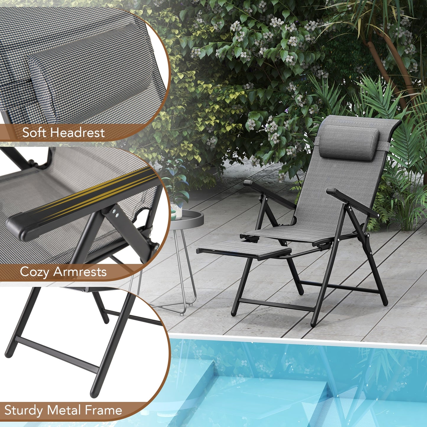 Folding Patio Chairs Set of 2 with 10-Level Adjustable Backrests and Armrests-Grey