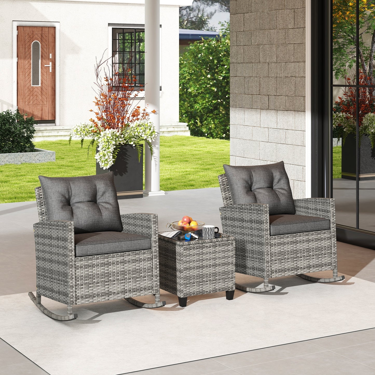 Patio Rattan Roker Chairs with Tempered Glass Table and Soft Cushions for Backyard Poolside Porch-Gray
